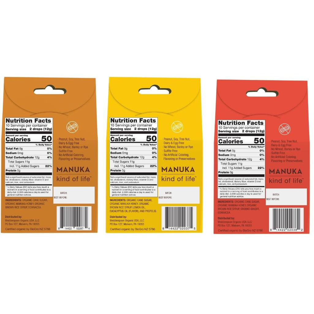 Wedderspoon Organic Manuka Honey Drops, Variety Pack, 4 Oz (Pack Of 6) - Genuine New Zealand Honey - Perfect Remedy For Dry Throats