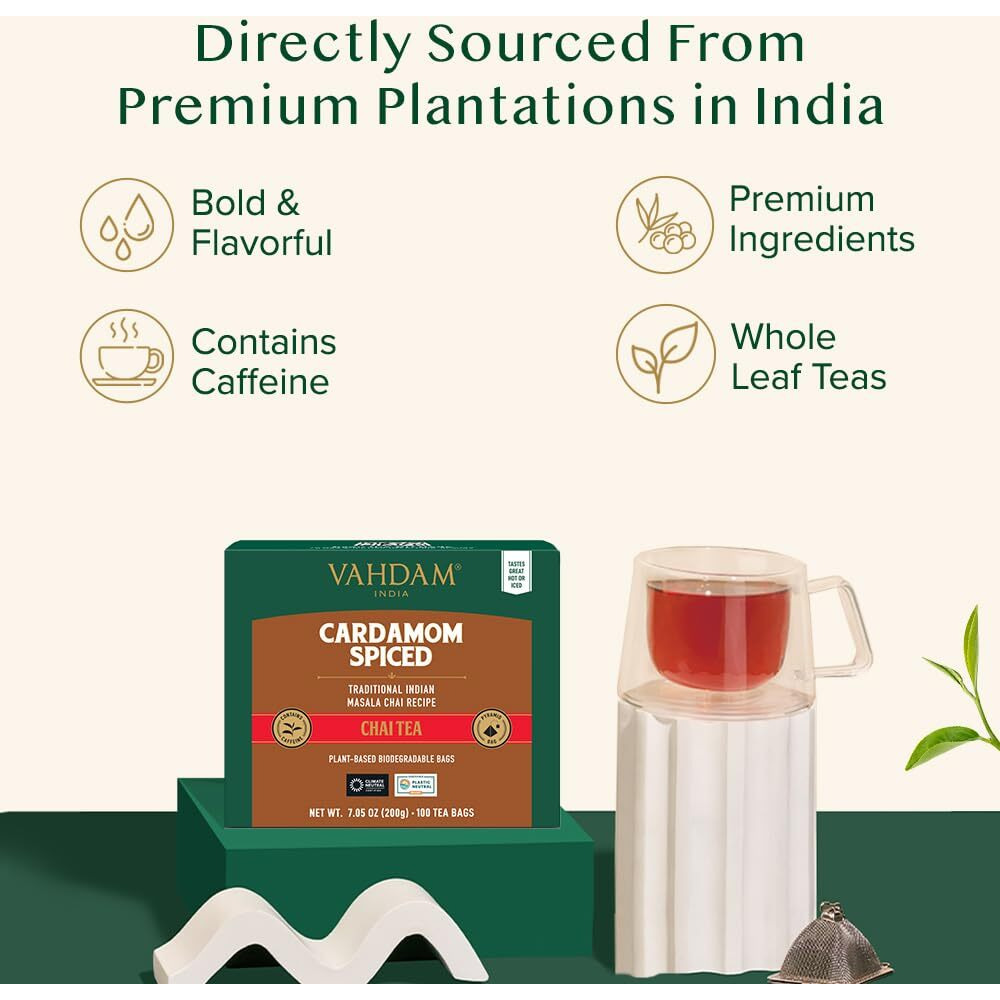 Vahdam, Cardamom Masala Chai Tea Bags (100 Count) Non Gmo, Gluten Free, No Artificial Flavor | Blended W/Exotic Spices | Chai Tea | Resealable Ziplock Pouch