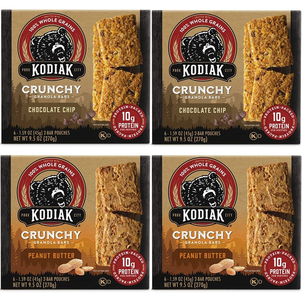 Kodiak Cakes Crunchy Granola Bar Variety Pack - Peanut Butter (2 Boxes) And Chocolate Chip (2 Boxes) High Protein Granola Bar Snack - 100% Whole Grain Granola Bars Bulk - (24) Total Pouches