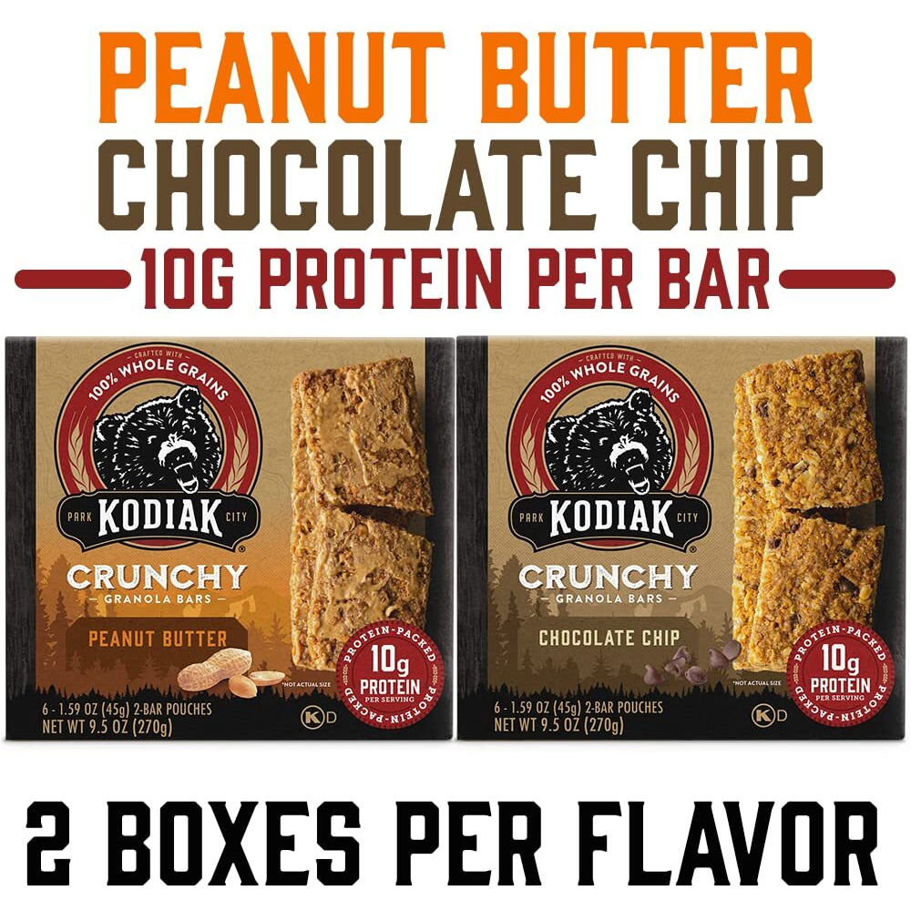 Kodiak Cakes Crunchy Granola Bar Variety Pack - Peanut Butter (2 Boxes) And Chocolate Chip (2 Boxes) High Protein Granola Bar Snack - 100% Whole Grain Granola Bars Bulk - (24) Total Pouches