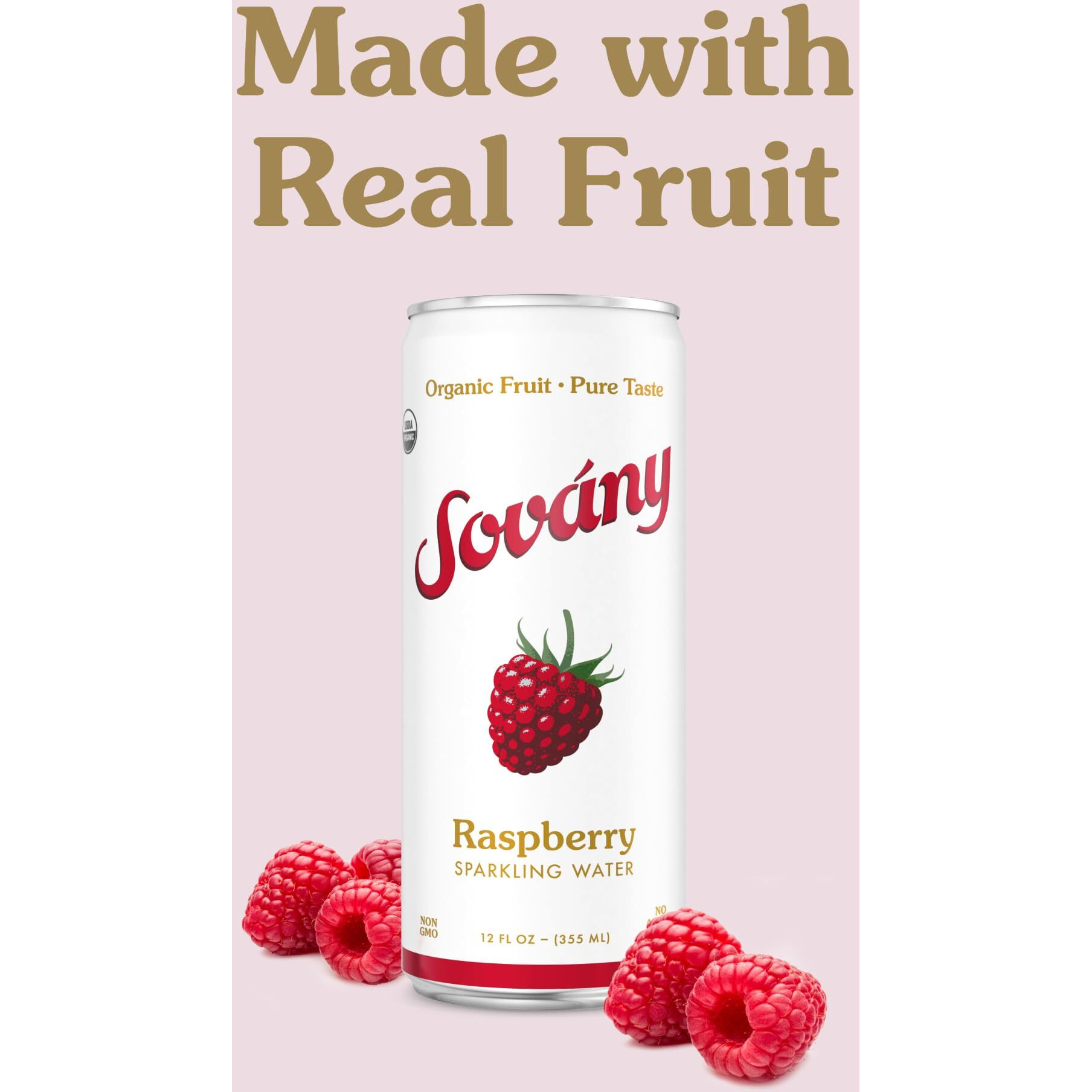Sov  Ny Sparkling Water, Raspberry, Seltzer Water Drinks, Usda Organic, Made With Real Fruit, Non-Gmo, Vegan, No Added Sugar, Low Calorie, 12 Fl Oz, 12 Pack