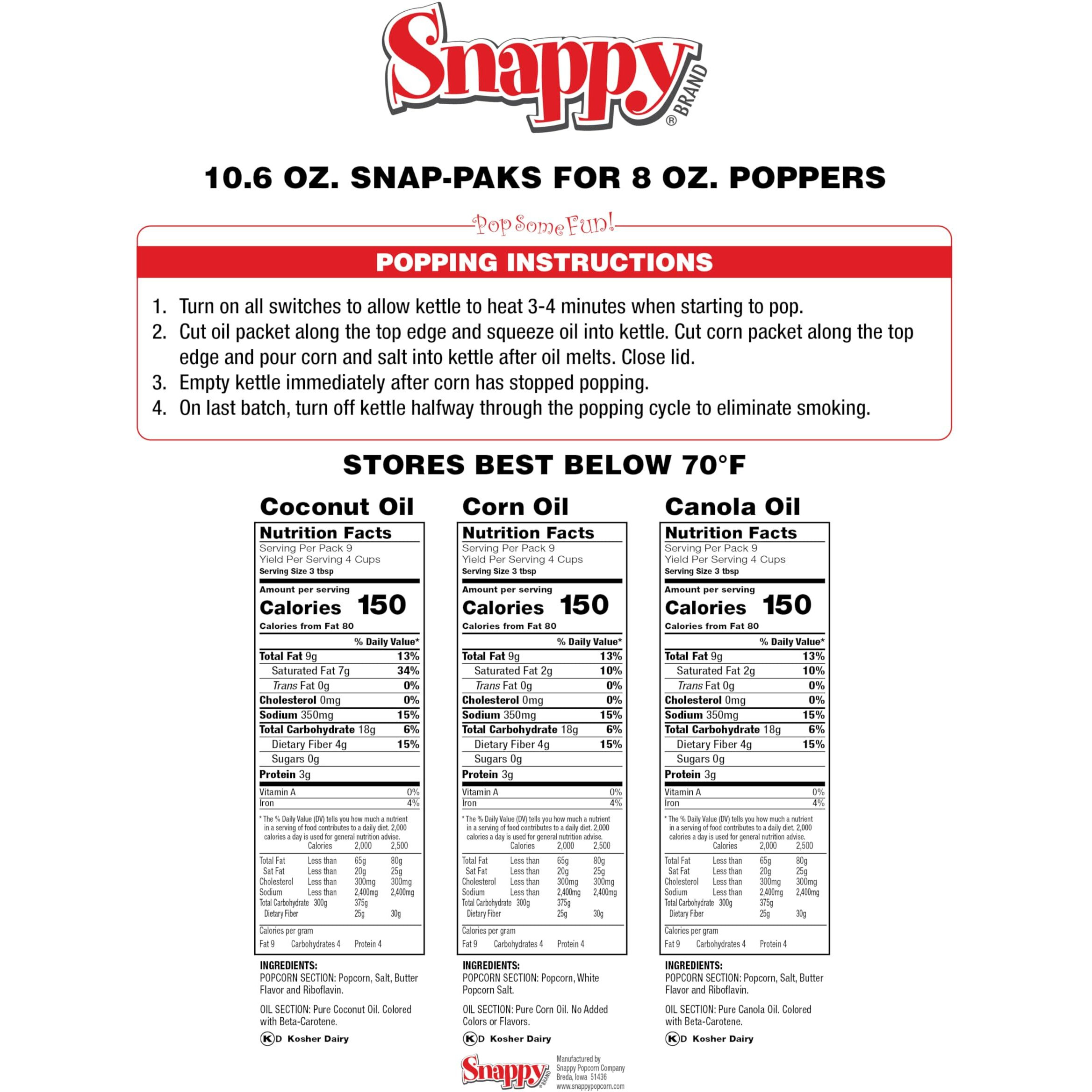 Snappy Snap-Paks, Yellow Popcorn Packs For 8 Oz Popcorn Machine With Coconut Oil, 10.6 Oz, 24 Count