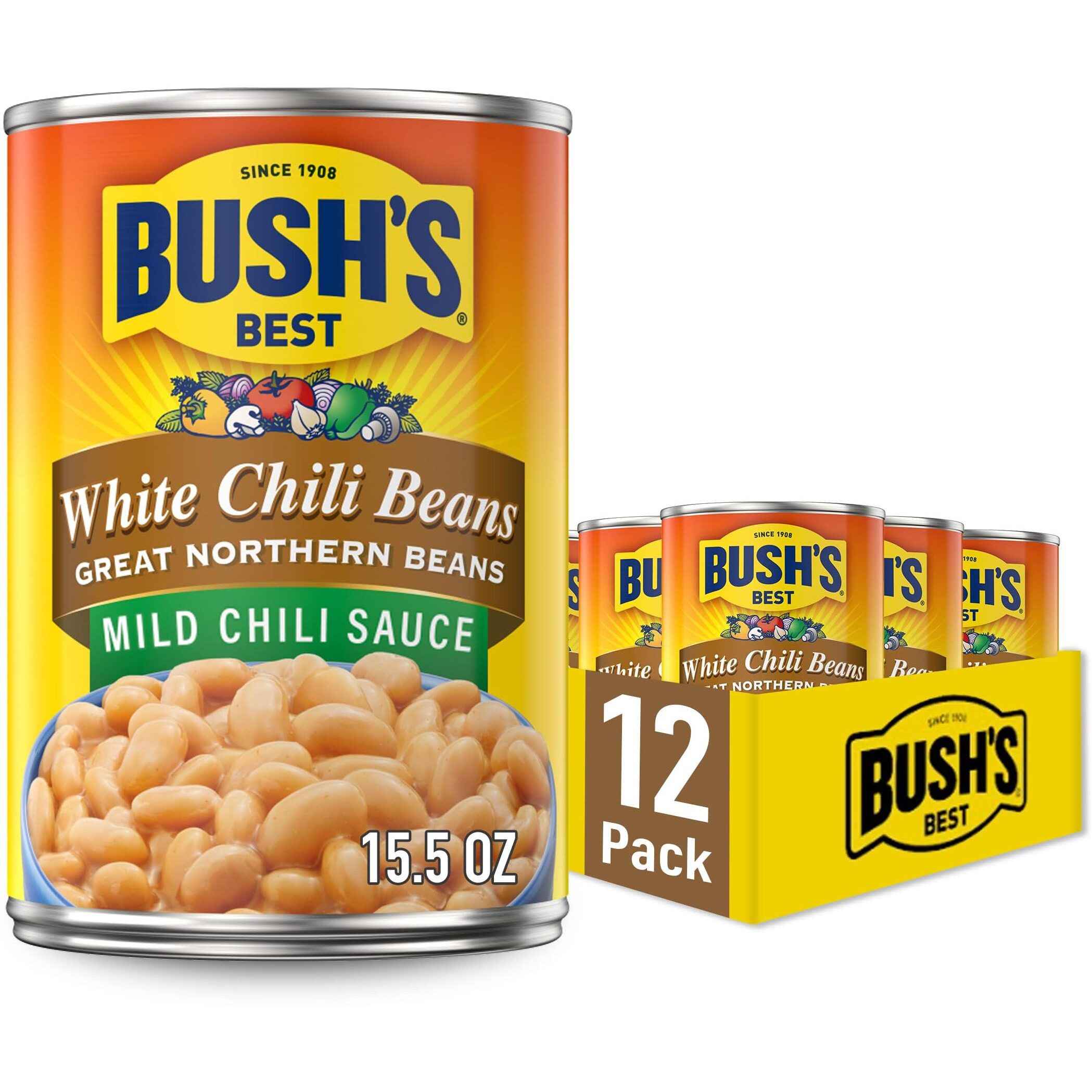 Bush's Best 15.5 Oz Canned White Chili Bean/Northern/Mild, Source Of Plant Based Protein And Fiber, Low Fat, Gluten Free, (Pack Of 12)