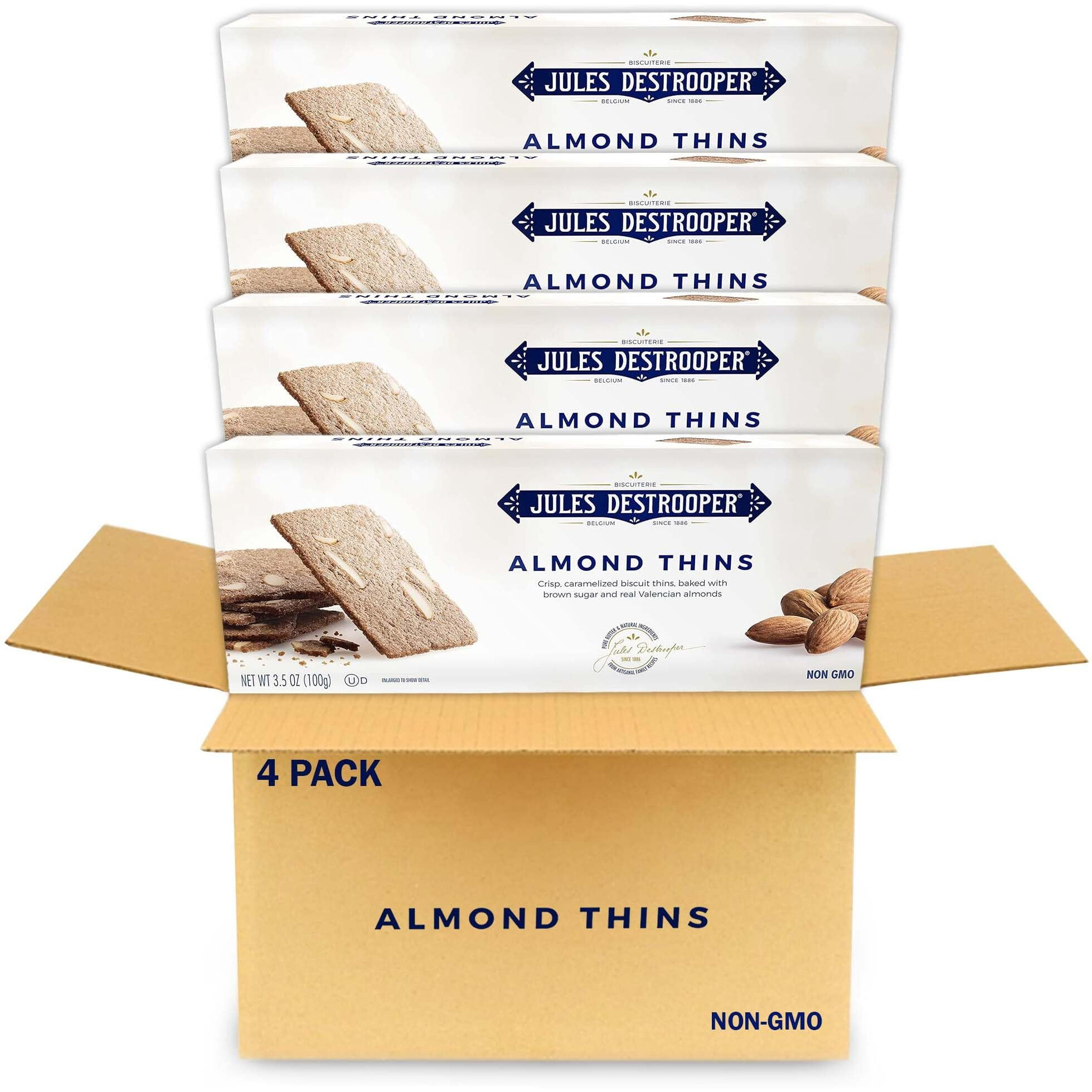 Jules Destrooper Almond Thins - Caramelized Butter Biscuits, Kosher Dairy, Authentic Made In Belgium - 3.5Oz (Pack Of 4)