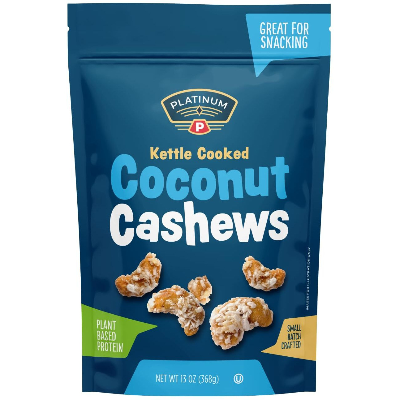 Platinum Kettle Cooked Coconut Cashews - Plant Based Protein, Fiber, Healthy Snack - Wholesome Nutritional Boost - Can Bring At Home, Work, Office, Gym & School - 13 Oz Individual & Resealable Pouch