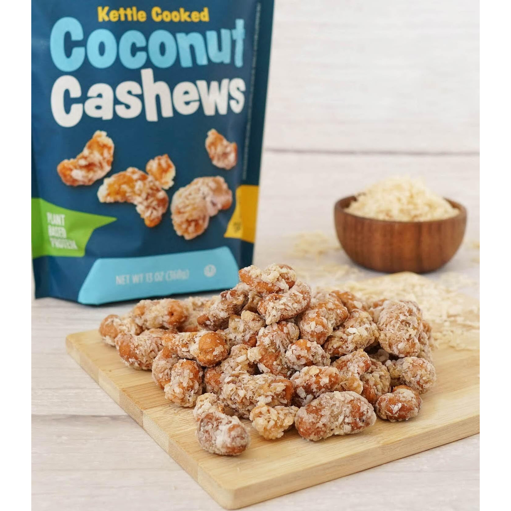 Platinum Kettle Cooked Coconut Cashews - Plant Based Protein, Fiber, Healthy Snack - Wholesome Nutritional Boost - Can Bring At Home, Work, Office, Gym & School - 13 Oz Individual & Resealable Pouch