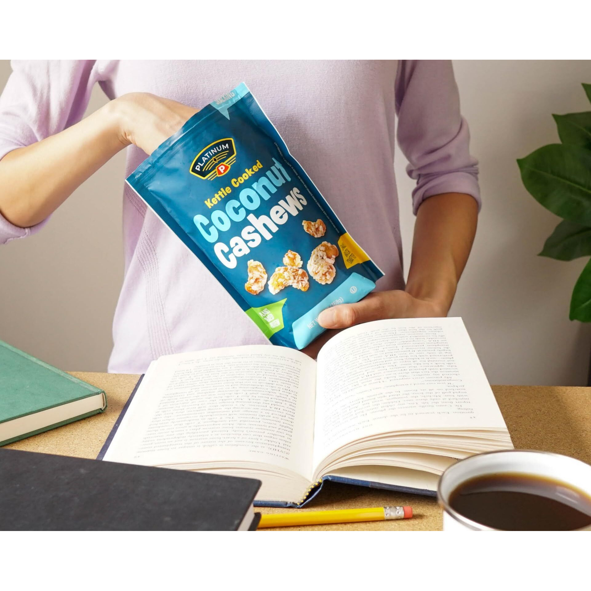 Platinum Kettle Cooked Coconut Cashews - Plant Based Protein, Fiber, Healthy Snack - Wholesome Nutritional Boost - Can Bring At Home, Work, Office, Gym & School - 13 Oz Individual & Resealable Pouch