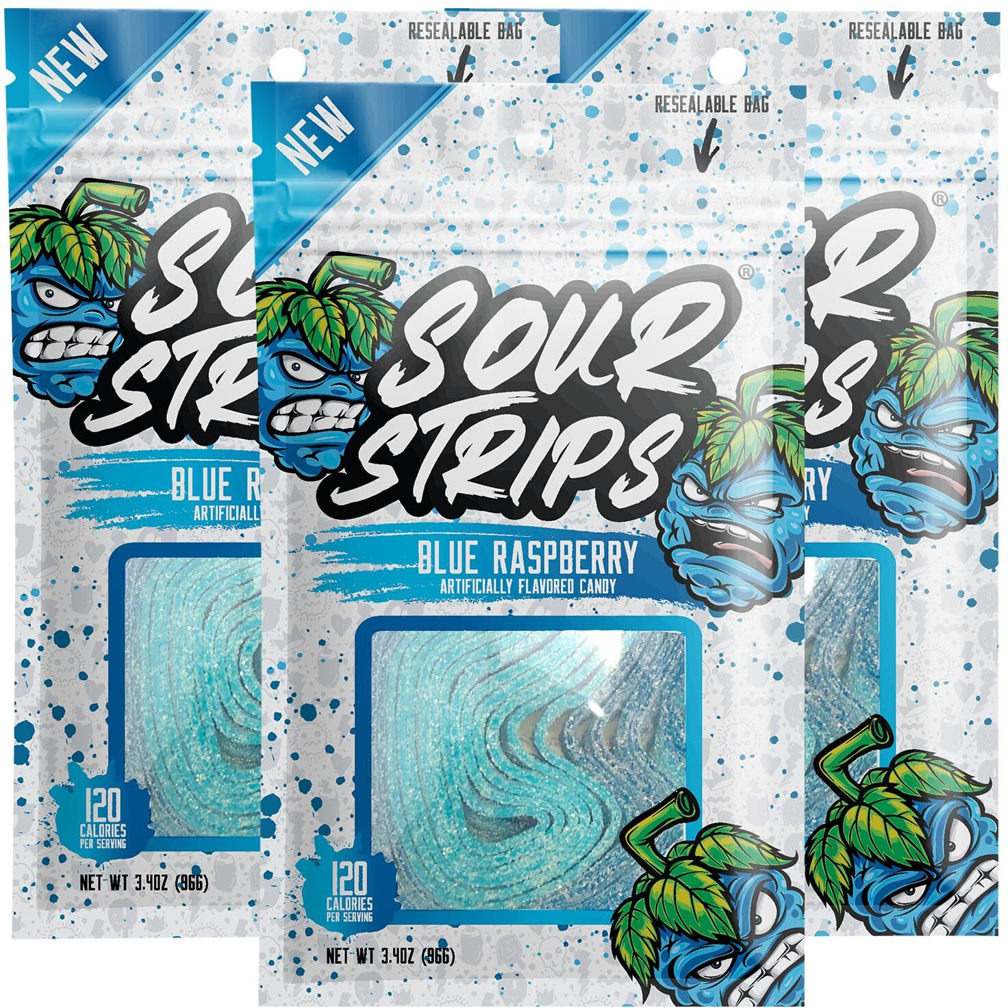 Sour Strips Flavored Sour Candy Strips, Deliciously Sour Chewy Candy Belts, Vegetarian Candies, 3 Pack (Blue Raspberry (3-Pack))
