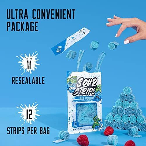 Sour Strips Flavored Sour Candy Strips, Deliciously Sour Chewy Candy Belts, Vegetarian Candies, 3 Pack (Blue Raspberry (3-Pack))