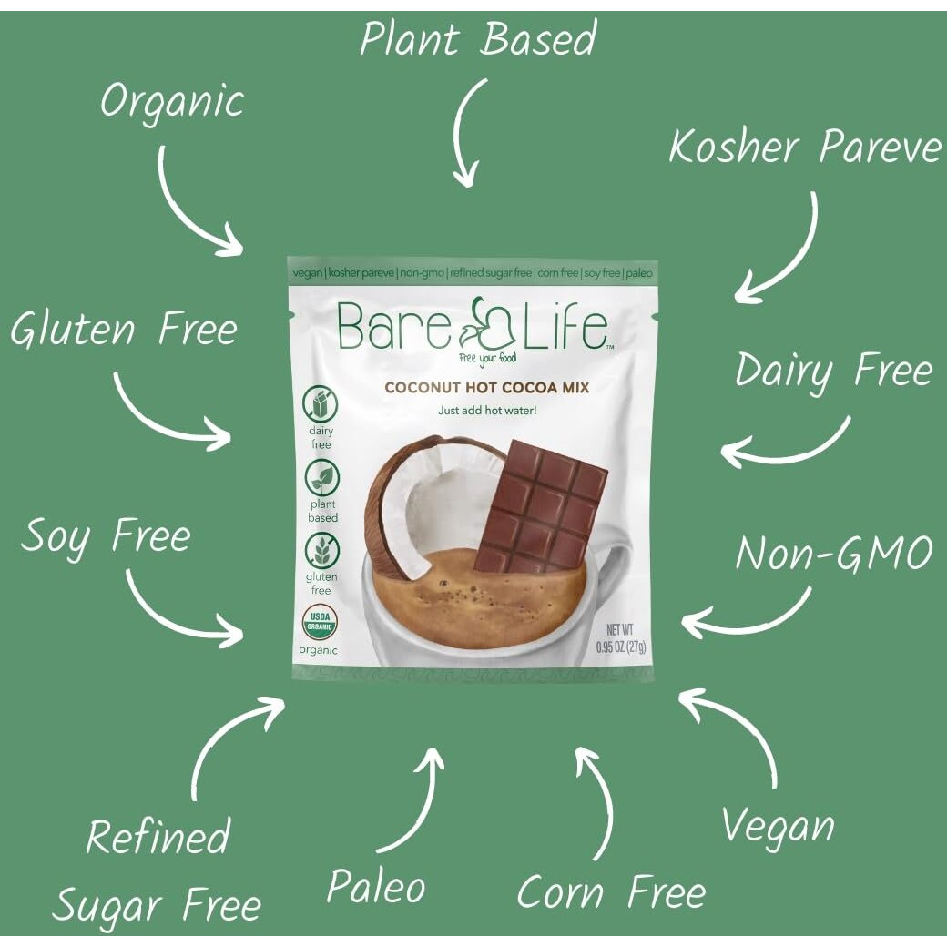 Bare Life Dairy Free Coconut Hot Cocoa Mix | Single Serving 0.95 Oz (10 Pack) | Gluten Free, Vegan, Organic, Plant Based, Paleo, Soy Free, Corn Free, Lactose Free, Refined Sugar Free Hot Chocolate