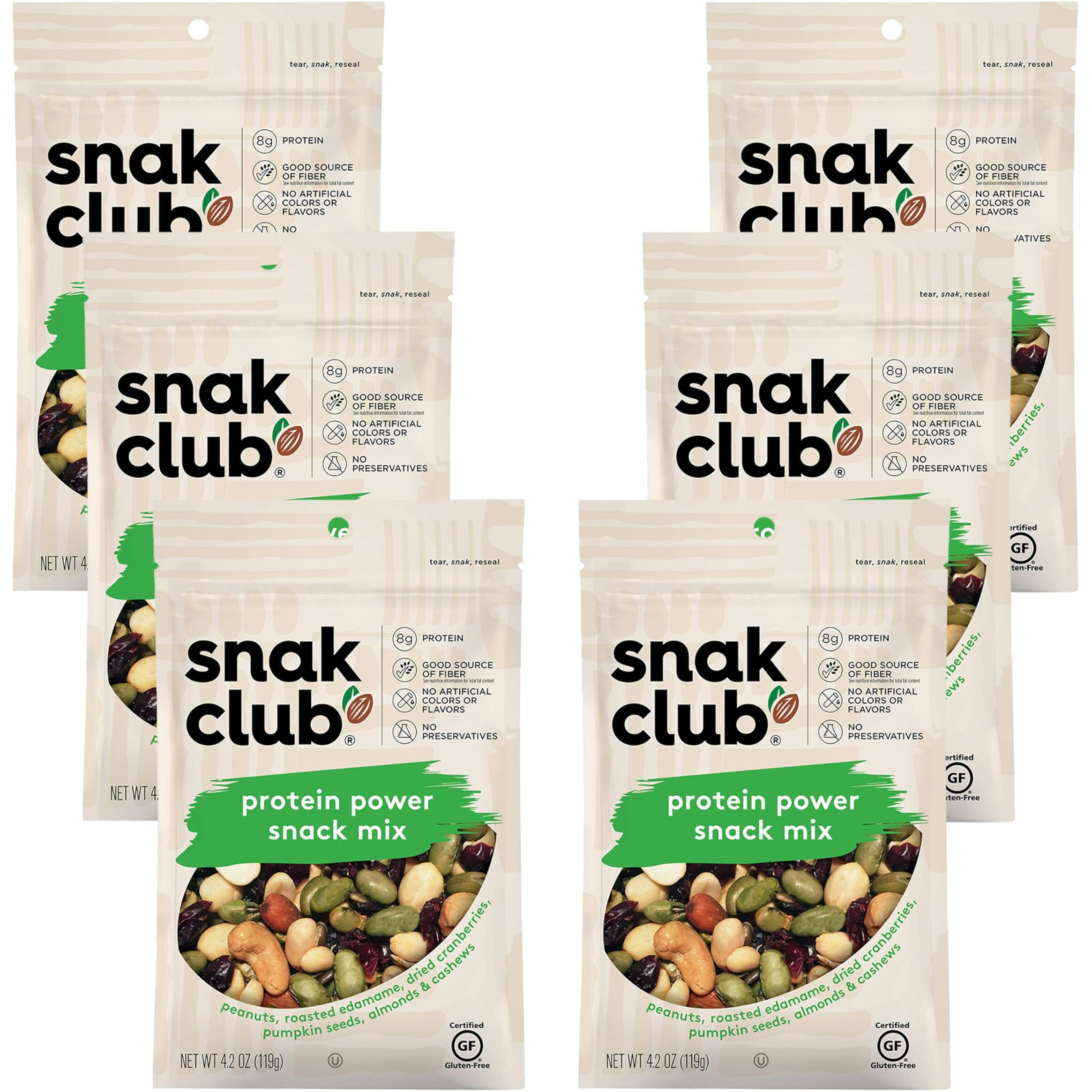 Snak Club Protein Power Snack Mix With Peanuts, Roasted Edamame, Dried Cranberries, Pumpkin Seeds, Almonds, And Cashews, Gluten-Free And Kosher Trail Mix Snacks, 4.2 Oz Resealable Bags, 6 Pack