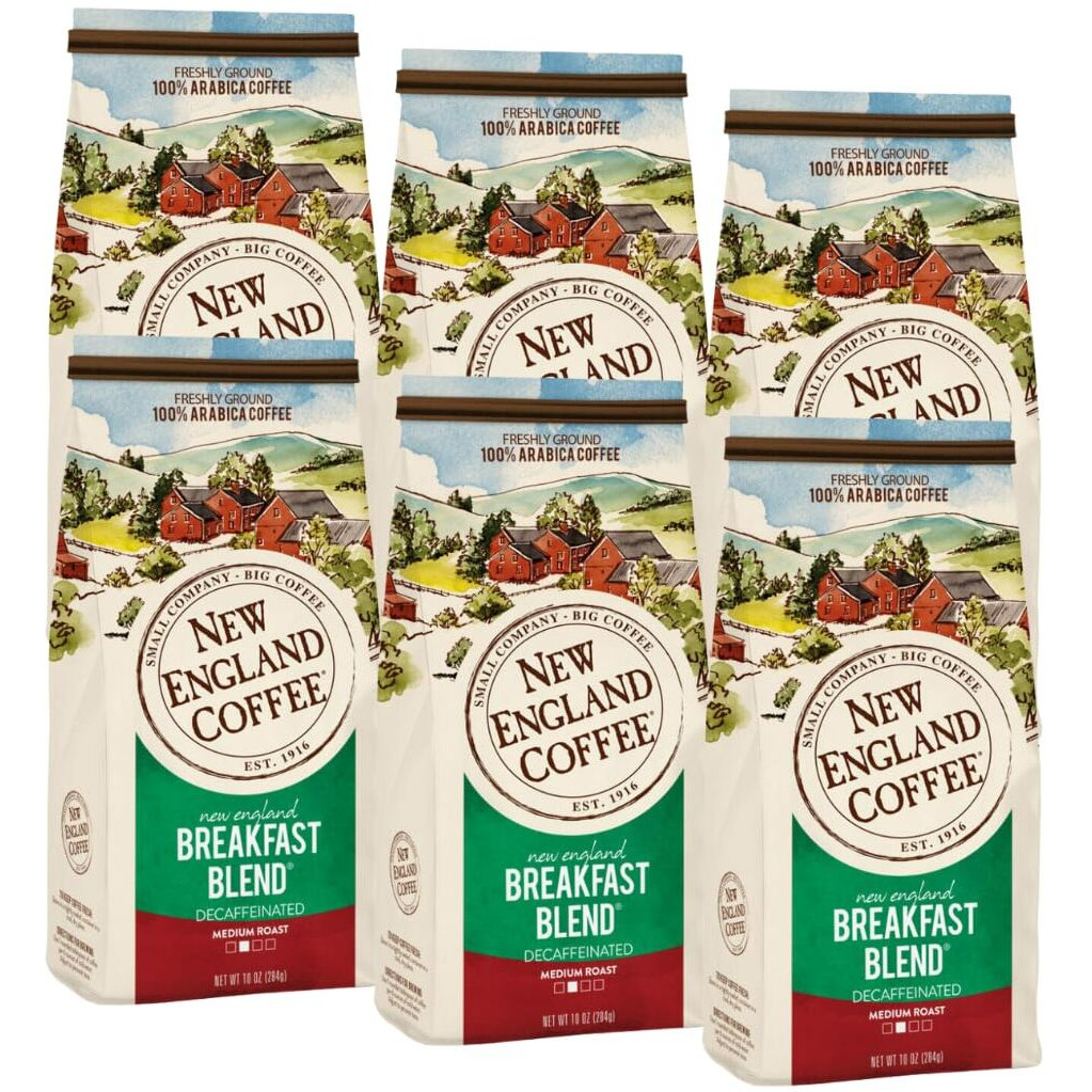 New England Coffee Breakfast Blend Decaffeinated Medium Roast Ground Coffee, 10Oz Bag (Pack Of 6)