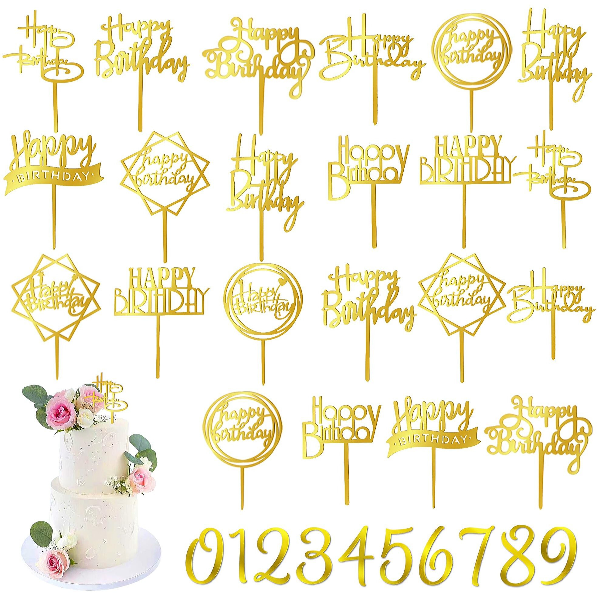 50 Pcs Gold Happy Birthday Cake Topper Acrylic Birthday Cupcake Topper Pick For Birthday Party Cake Desserts Pastries Decorations (Gold)
