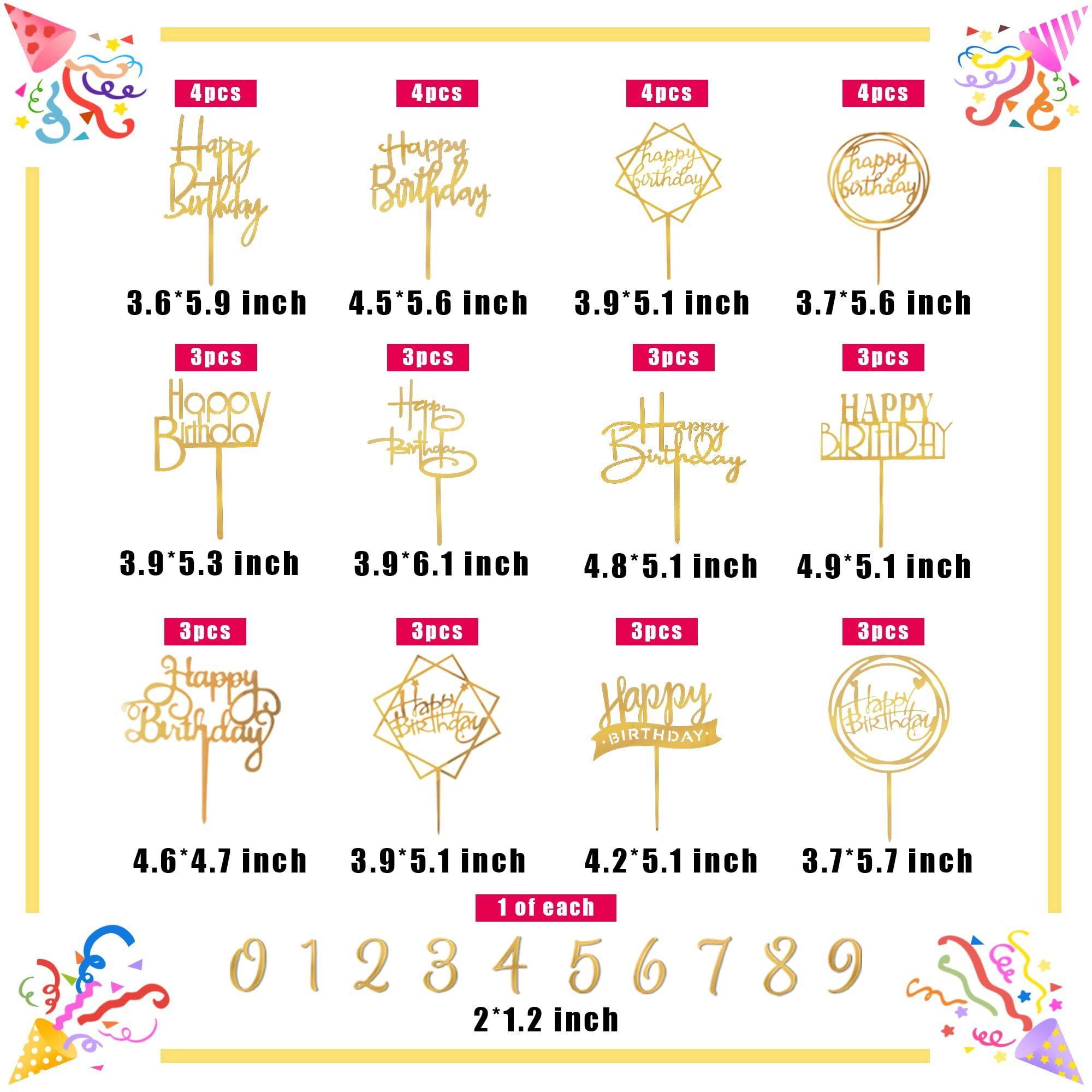 50 Pcs Gold Happy Birthday Cake Topper Acrylic Birthday Cupcake Topper Pick For Birthday Party Cake Desserts Pastries Decorations (Gold)