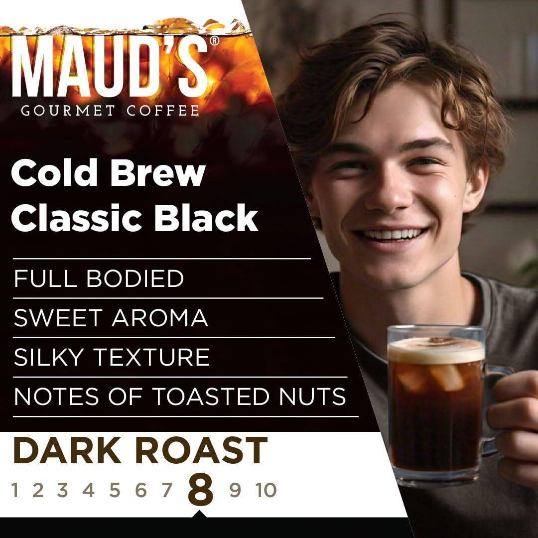 Maud's Black Cold Brew Dark Roast Coffee Pods, 18 Ct | Cold Brew Classic Black Coffee | 100% Arabica Dark Roast Coffee | Solar Energy Produced Recyclable Pods Compatible With Keurig K Cups Maker