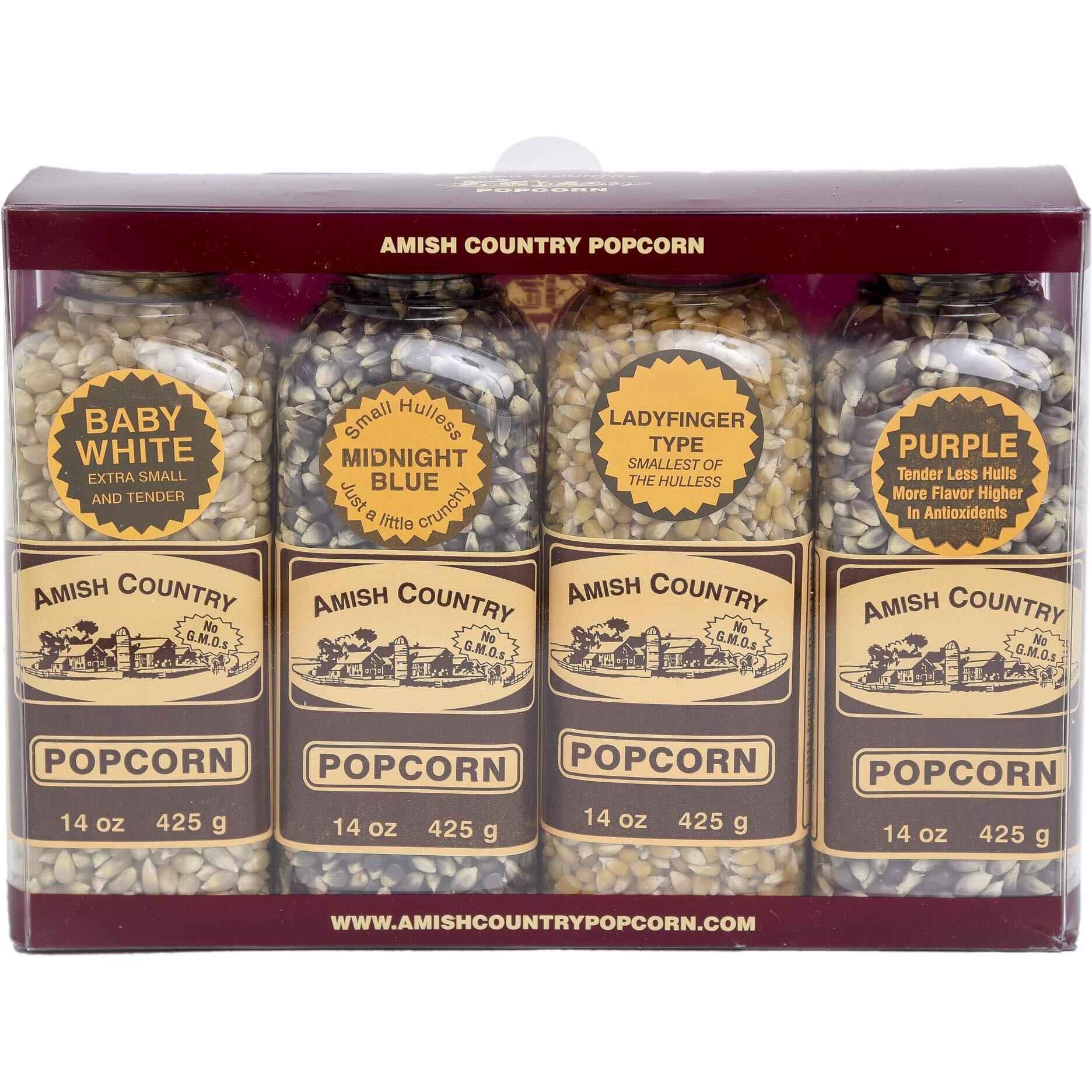 Amish Country Popcorn | Popcorn Kernel Variety Set | 4-14 Oz Bottles | Baby White, Midnight Blue, Ladyfinger, Purple Popcorn Kernels | Old Fashioned, Non-Gmo And Gluten Free (4-14 Oz Bottles)