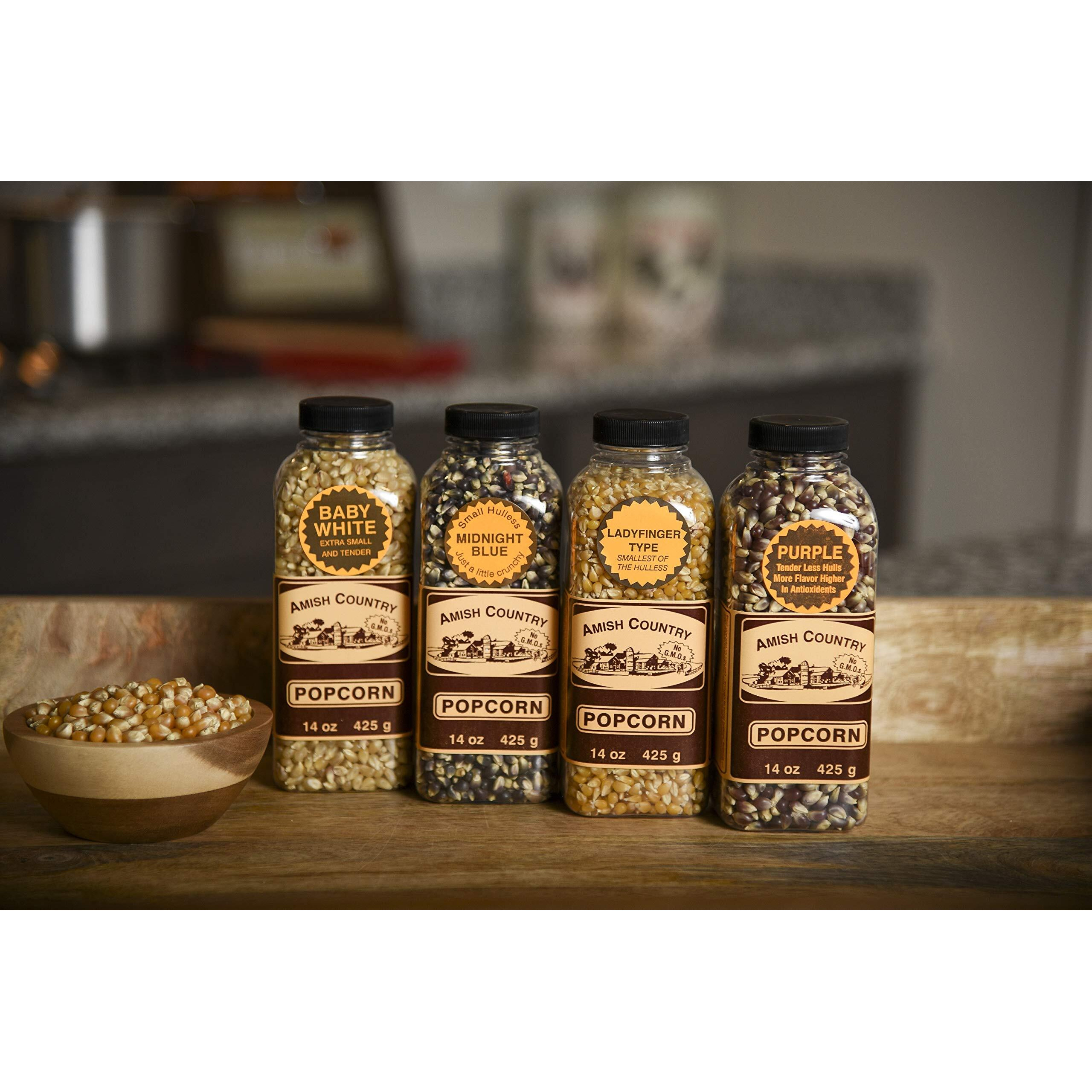 Amish Country Popcorn | Popcorn Kernel Variety Set | 4-14 Oz Bottles | Baby White, Midnight Blue, Ladyfinger, Purple Popcorn Kernels | Old Fashioned, Non-Gmo And Gluten Free (4-14 Oz Bottles)