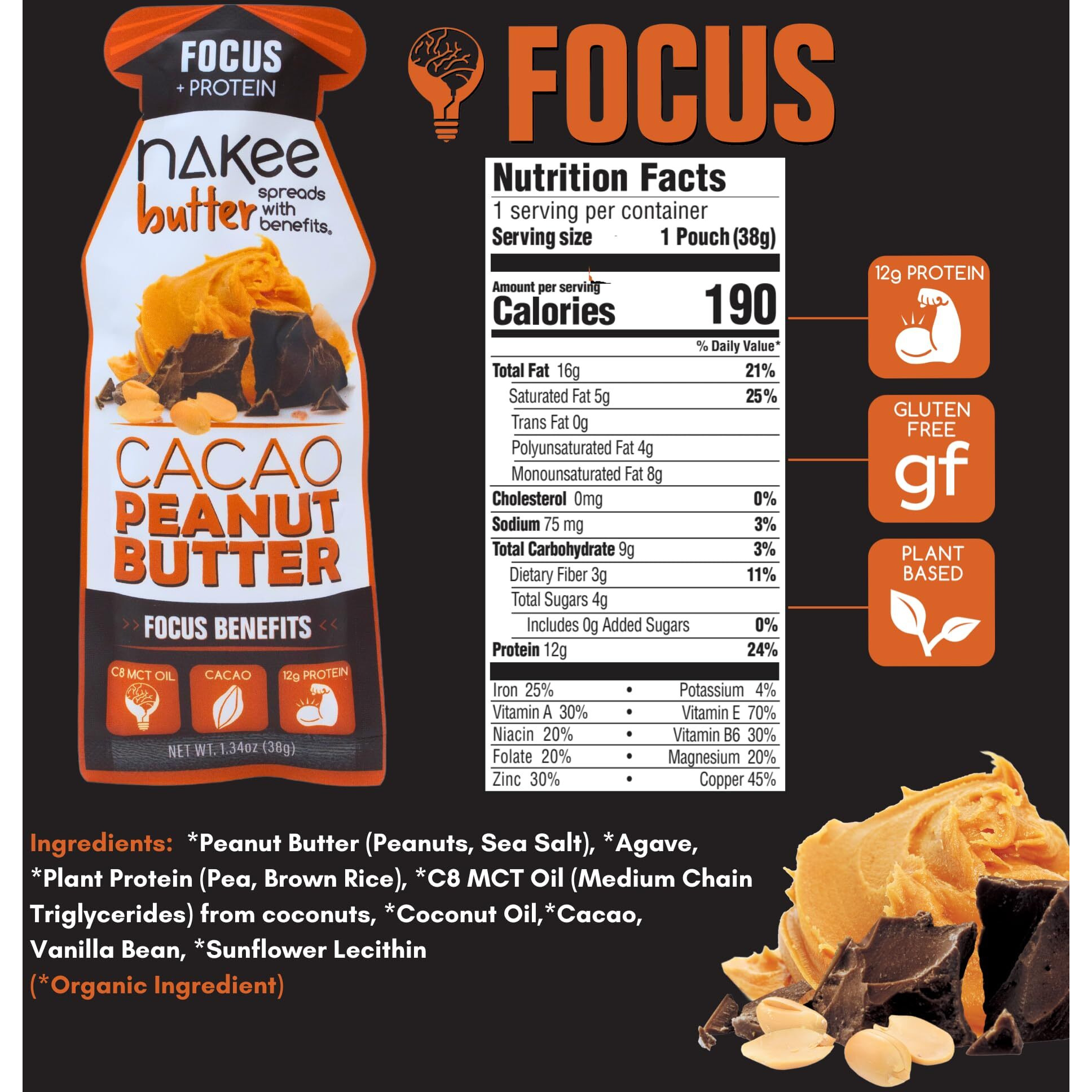 Nakee Butter Focus Cacao Peanut Butter - 12-Pack