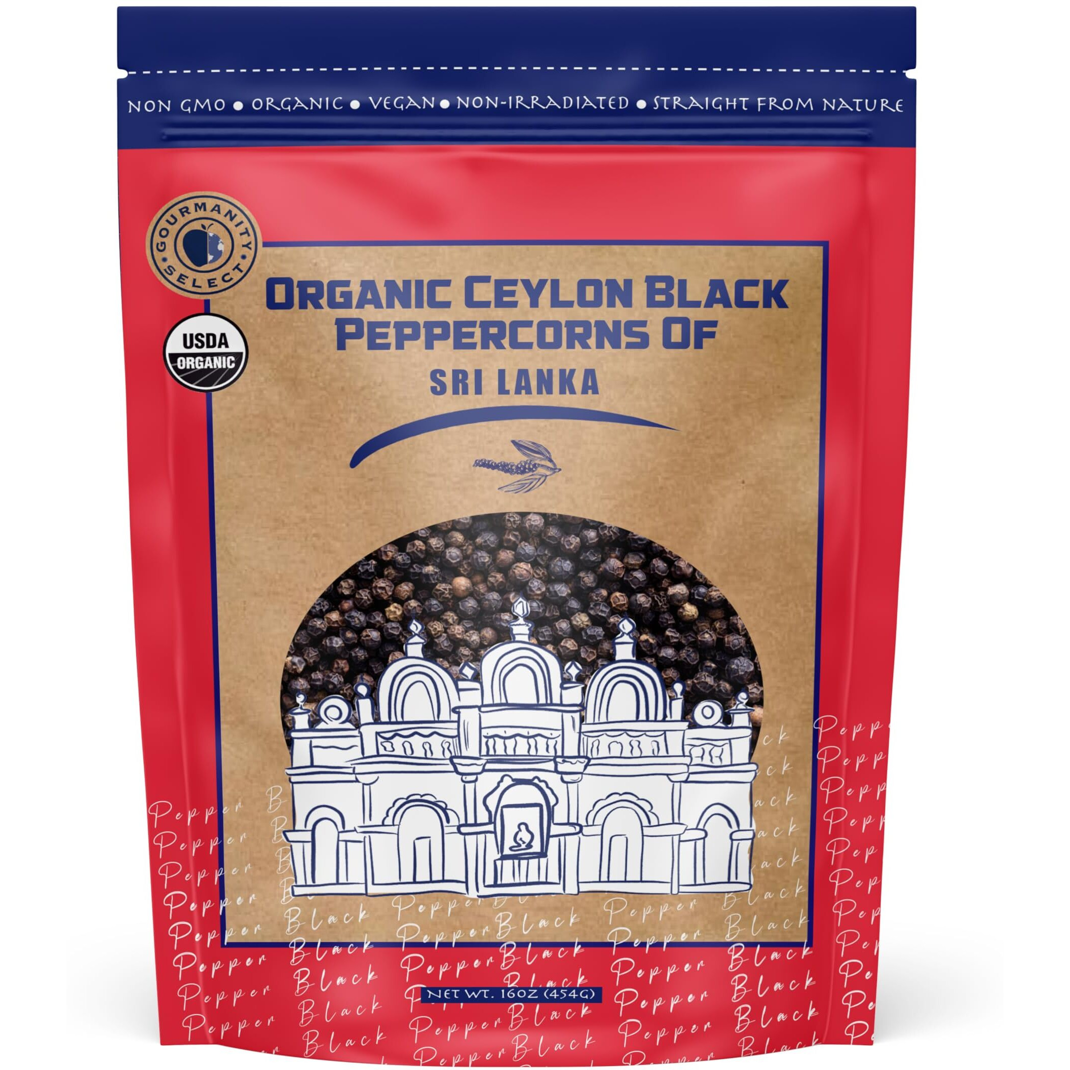 Gourmanity Organic Ceylon Whole Black Peppercorns, Complex And Aromatic Taste, Hand Picked And Sun Dried In Sri Lanka, Bulk Bag For Grinder Refill, Non-Gmo And Non-Irradiated Organic Black Pepper, 1Lb Bag