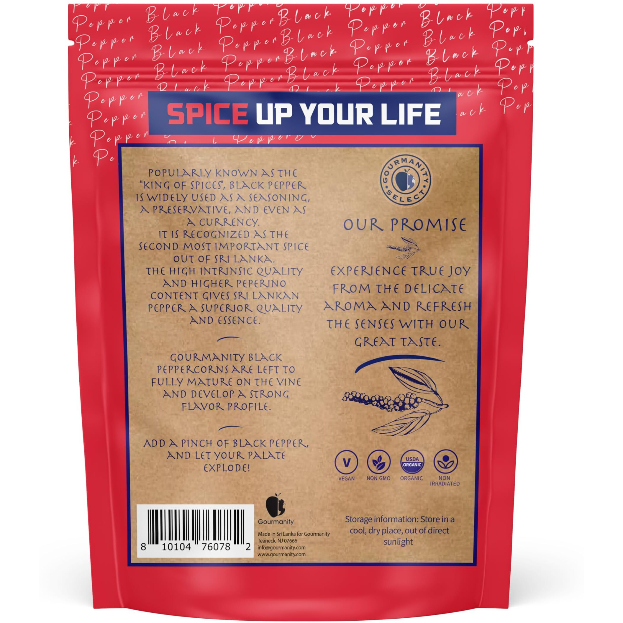 Gourmanity Organic Ceylon Whole Black Peppercorns, Complex And Aromatic Taste, Hand Picked And Sun Dried In Sri Lanka, Bulk Bag For Grinder Refill, Non-Gmo And Non-Irradiated Organic Black Pepper, 1Lb Bag