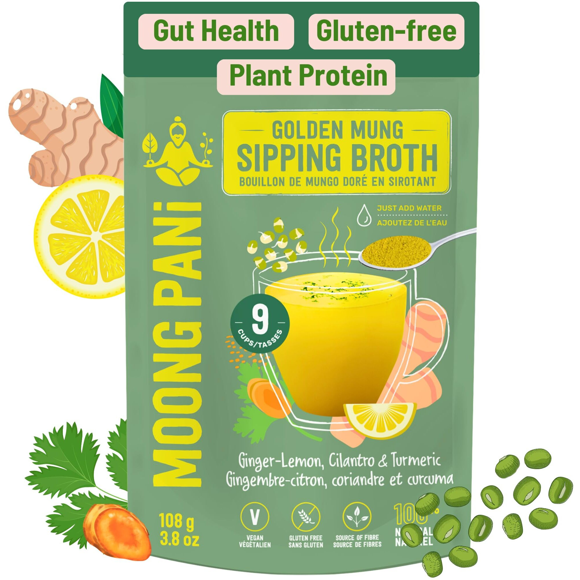 Moong Pani Vegetable Broth Soup Powder (Ginger, Lemon & Turmeric) Gluten-Free, Detox, All Natural, Lower Sodium, Vegan, Keto, High Fiber & Protein, Plant-Based Mung Bean, 9 Servings