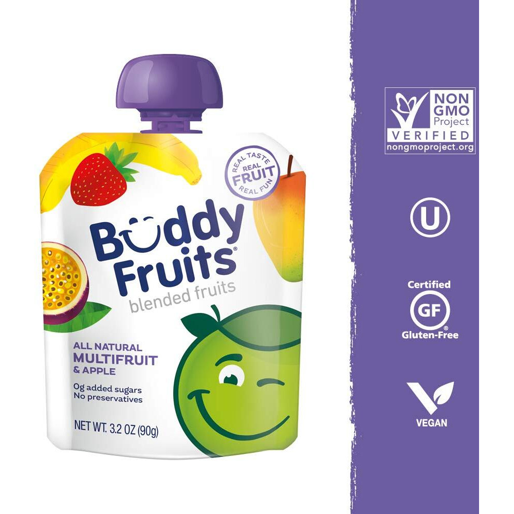 Buddy Fruits Snacks To Go Multifruit Unsweetened Applesauce 3.2Oz Pouch (18Pk) Gluten-Nut-Dairy-Preservatives-Bpa Free, Non Gmo, Kosher