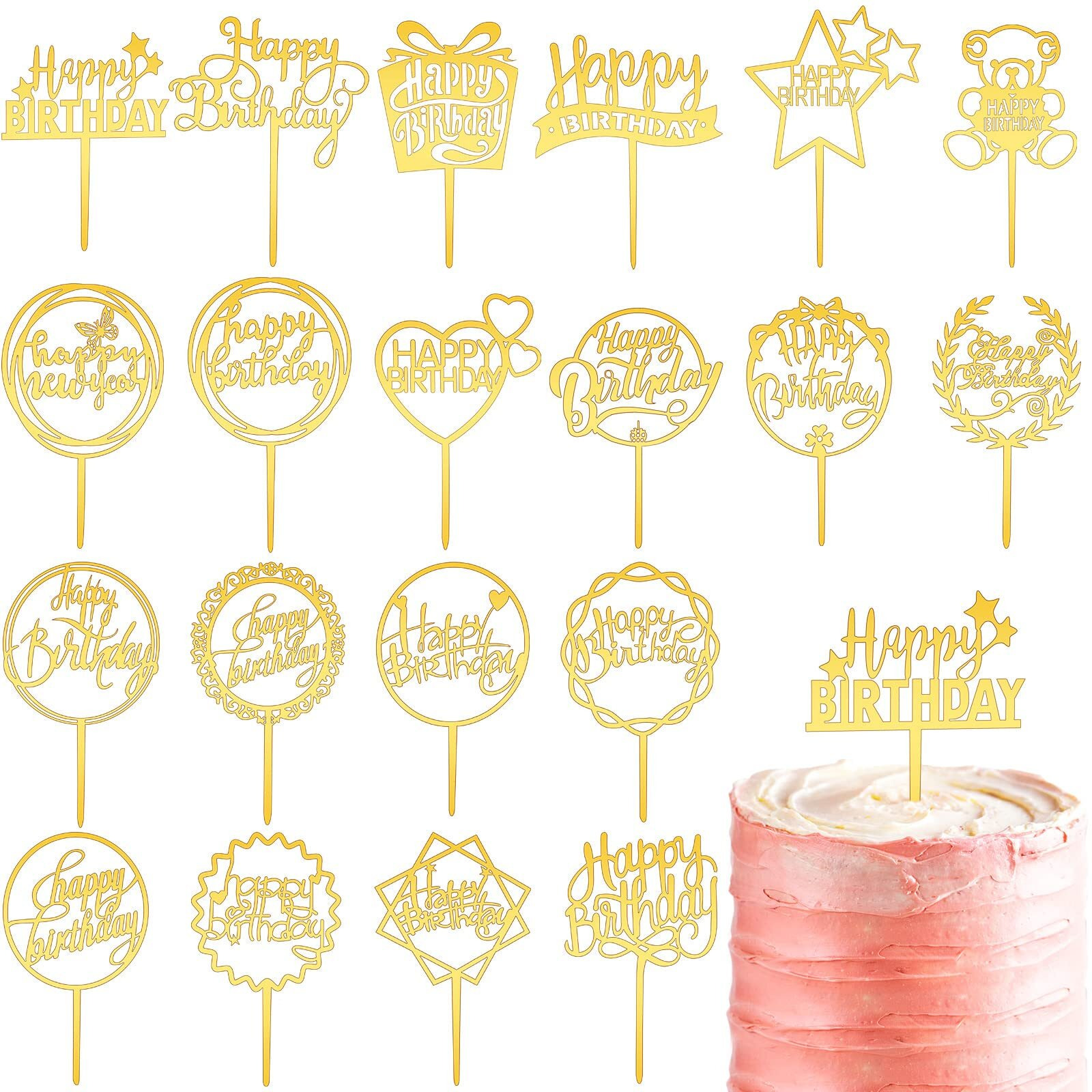 Macarrie 40 Pcs Happy Birthday Cake Topper Gold Acrylic Cake Topper Glittering Decor Birthday Cake Decorations For Cupcake Birthday Event Party Supplies, 20 Different Shapes