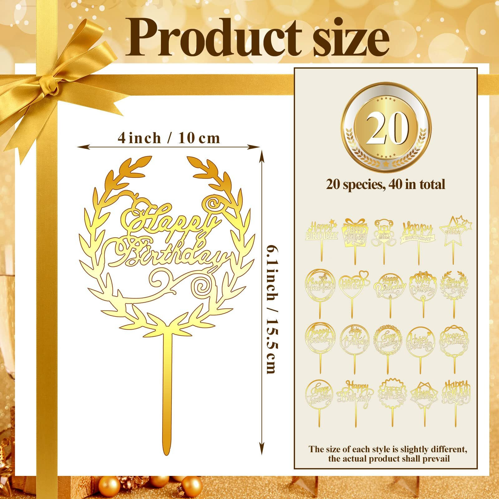 Macarrie 40 Pcs Happy Birthday Cake Topper Gold Acrylic Cake Topper Glittering Decor Birthday Cake Decorations For Cupcake Birthday Event Party Supplies, 20 Different Shapes