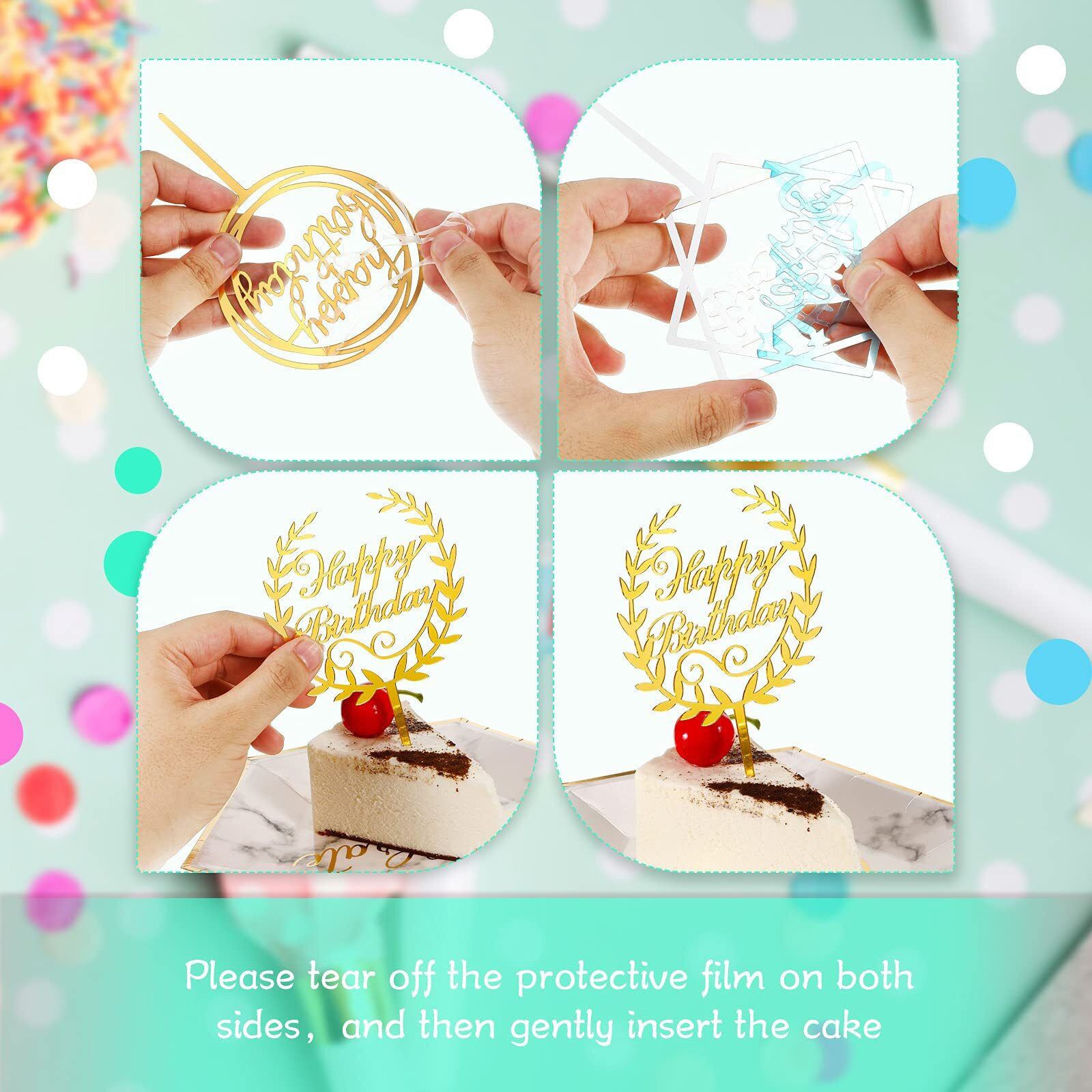 Macarrie 40 Pcs Happy Birthday Cake Topper Gold Acrylic Cake Topper Glittering Decor Birthday Cake Decorations For Cupcake Birthday Event Party Supplies, 20 Different Shapes