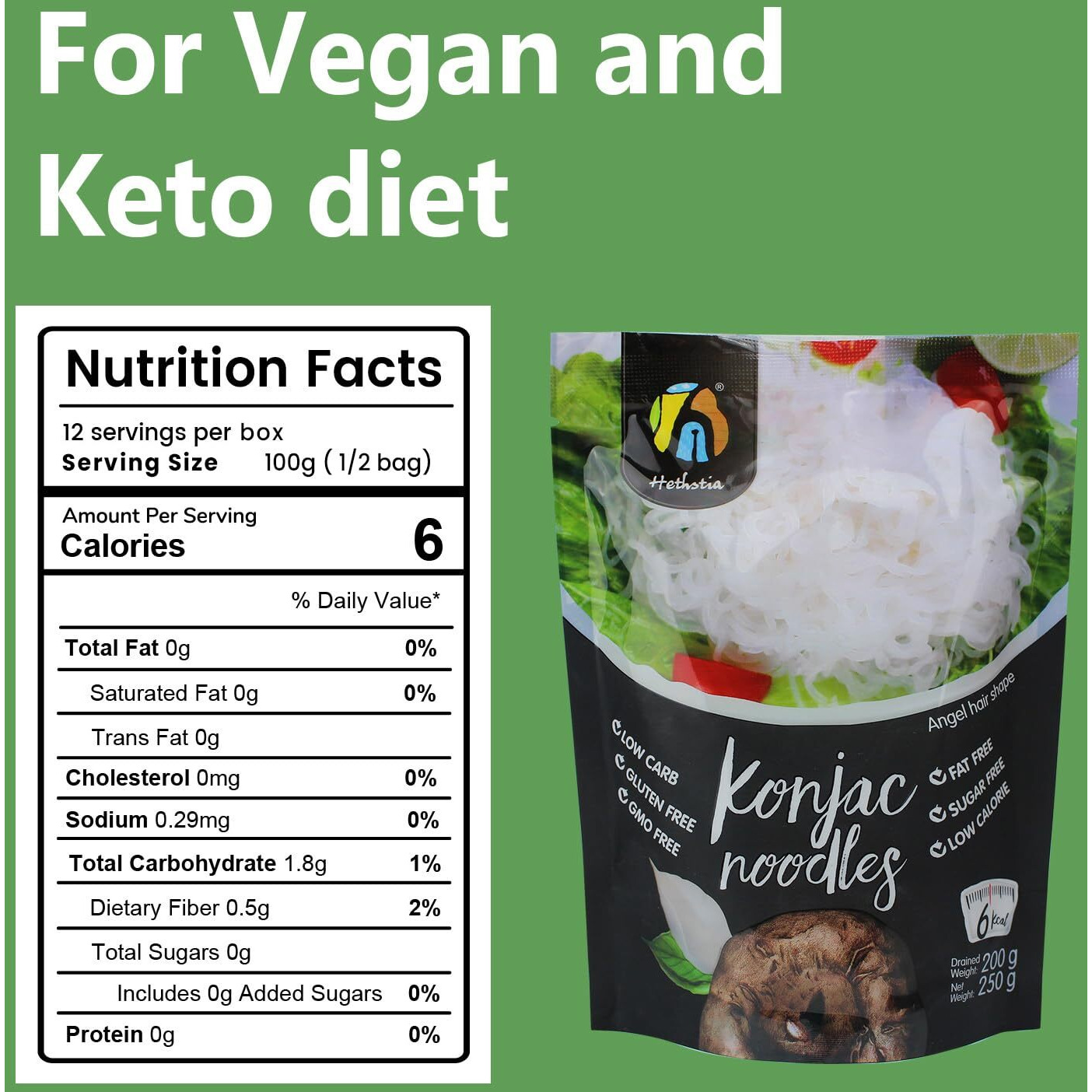 Hethstia Konjac Noodle Angel Hair - Low Calorie Shirataki Noodle, Low-Carb Miracle Pasta, Sugar-Free, Gluten-Free, 52.91 Oz Konjac Angel Hair, Keto, Paleo-Friendly, Vegan (6-Pack)