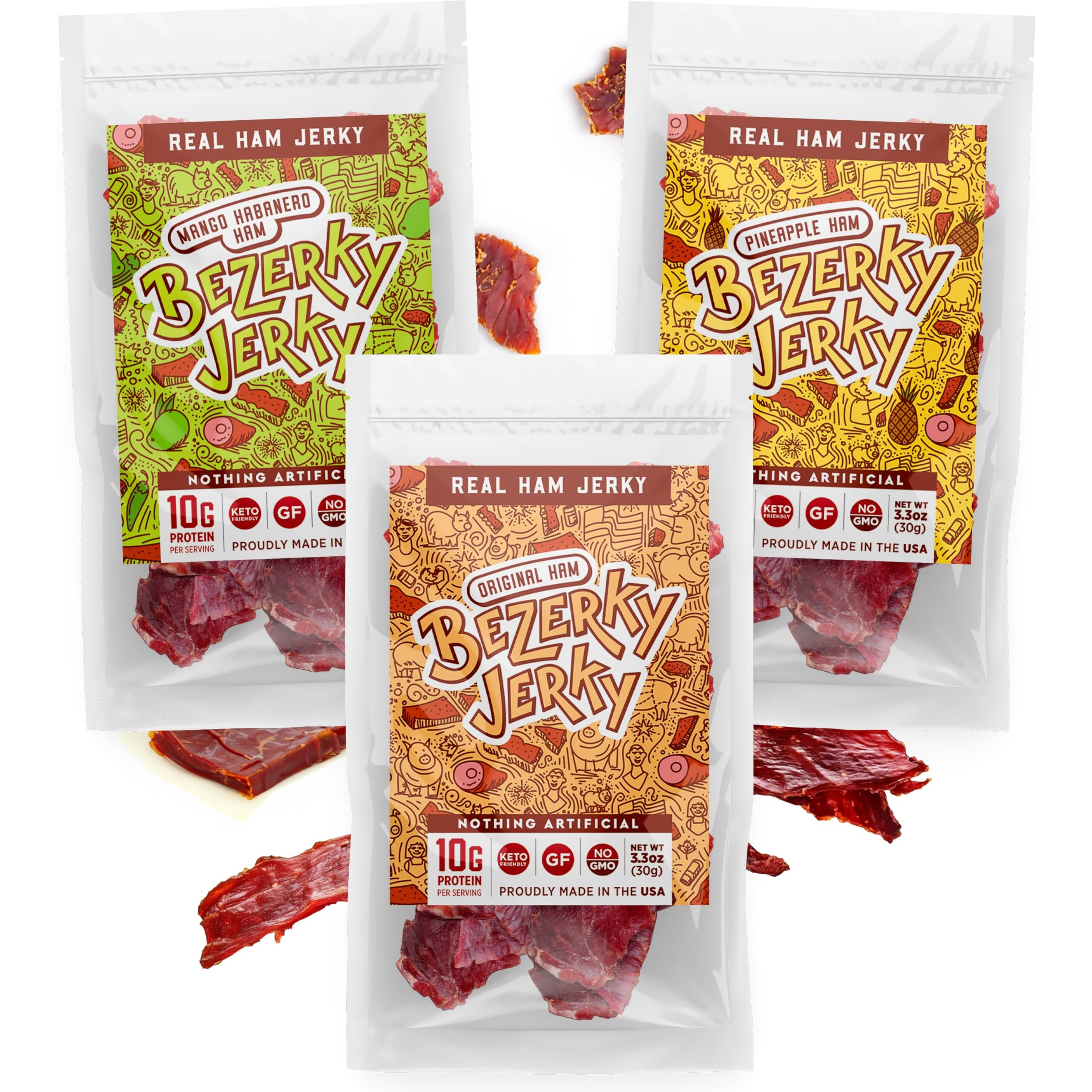 Bezerky Jerky Variety Pack, American Ham Jerky, Made With Premium Meat, Keto-Friendly, Ready To Eat Trail Mix, Gluten-Free, Non-Gmo, Savory Low-Fat, High Protein Snack Bundle, 3.3 Oz (Pack Of 3)