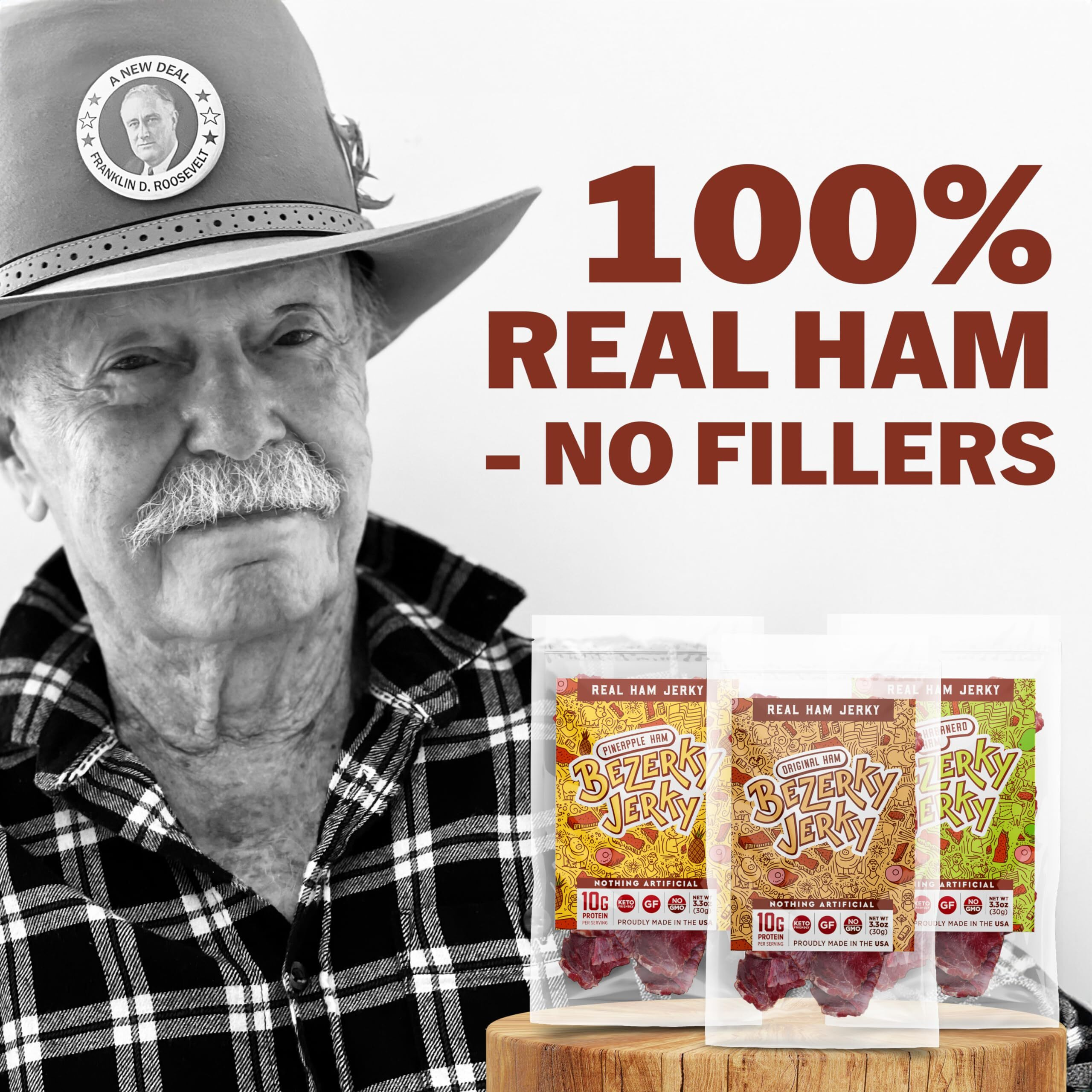 Bezerky Jerky Variety Pack, American Ham Jerky, Made With Premium Meat, Keto-Friendly, Ready To Eat Trail Mix, Gluten-Free, Non-Gmo, Savory Low-Fat, High Protein Snack Bundle, 3.3 Oz (Pack Of 3)