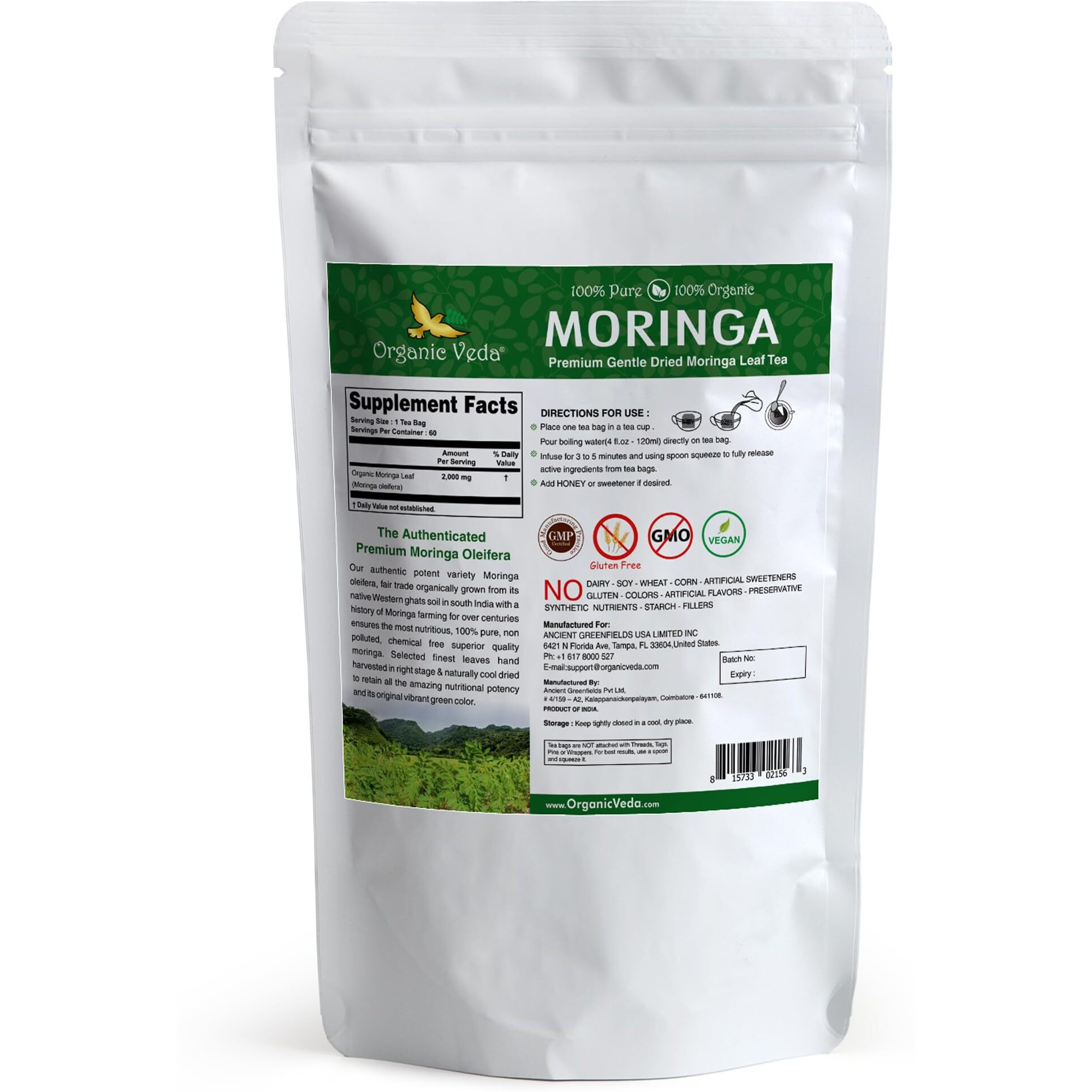 Organic Veda Moringa Tea Bags - 100% Pure Organically Grown Original Green Leaves Moringa Powder Rich In Vitamins, Amino Acids, Antioxidants - Vegan, Fair Trade, Non-Gmo, Caffiene Free - 60 Tea Bags