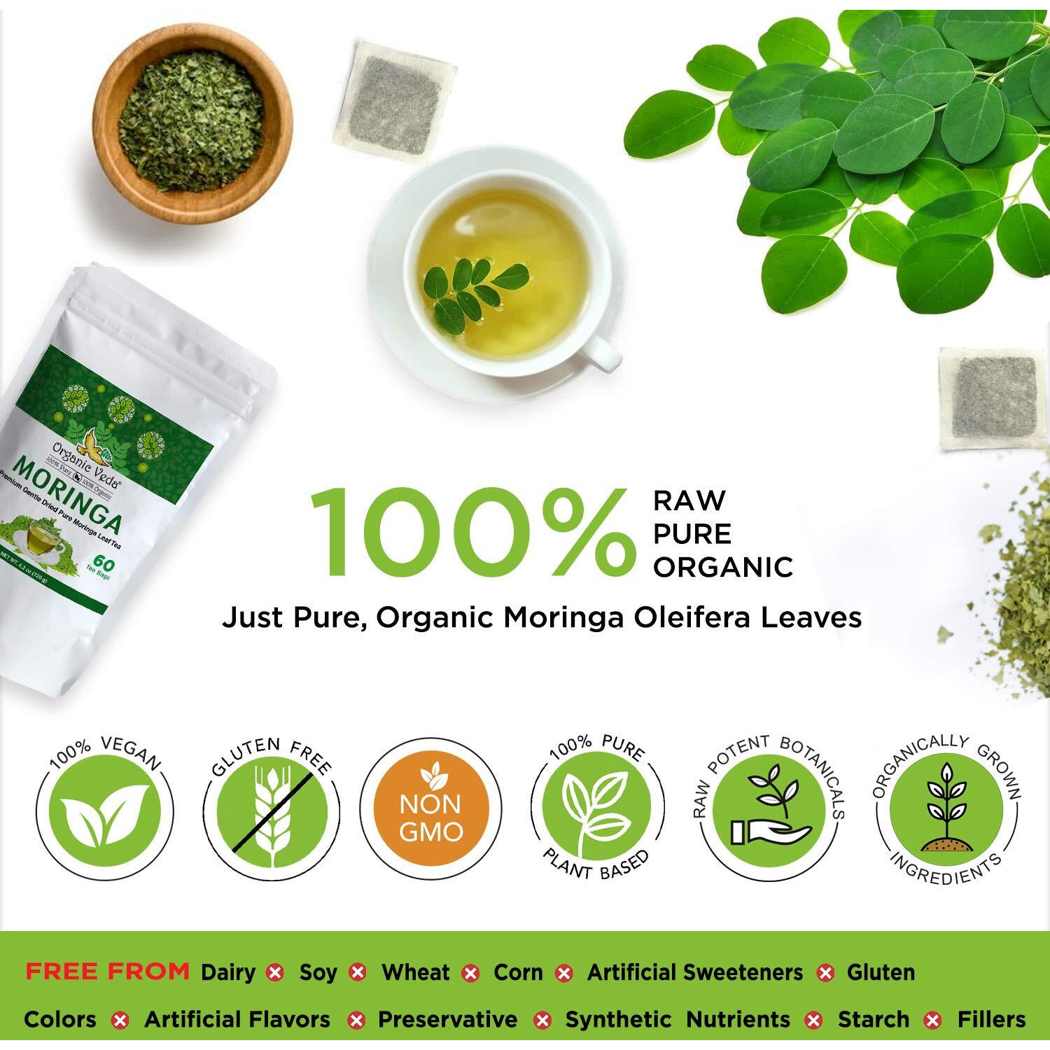 Organic Veda Moringa Tea Bags - 100% Pure Organically Grown Original Green Leaves Moringa Powder Rich In Vitamins, Amino Acids, Antioxidants - Vegan, Fair Trade, Non-Gmo, Caffiene Free - 60 Tea Bags