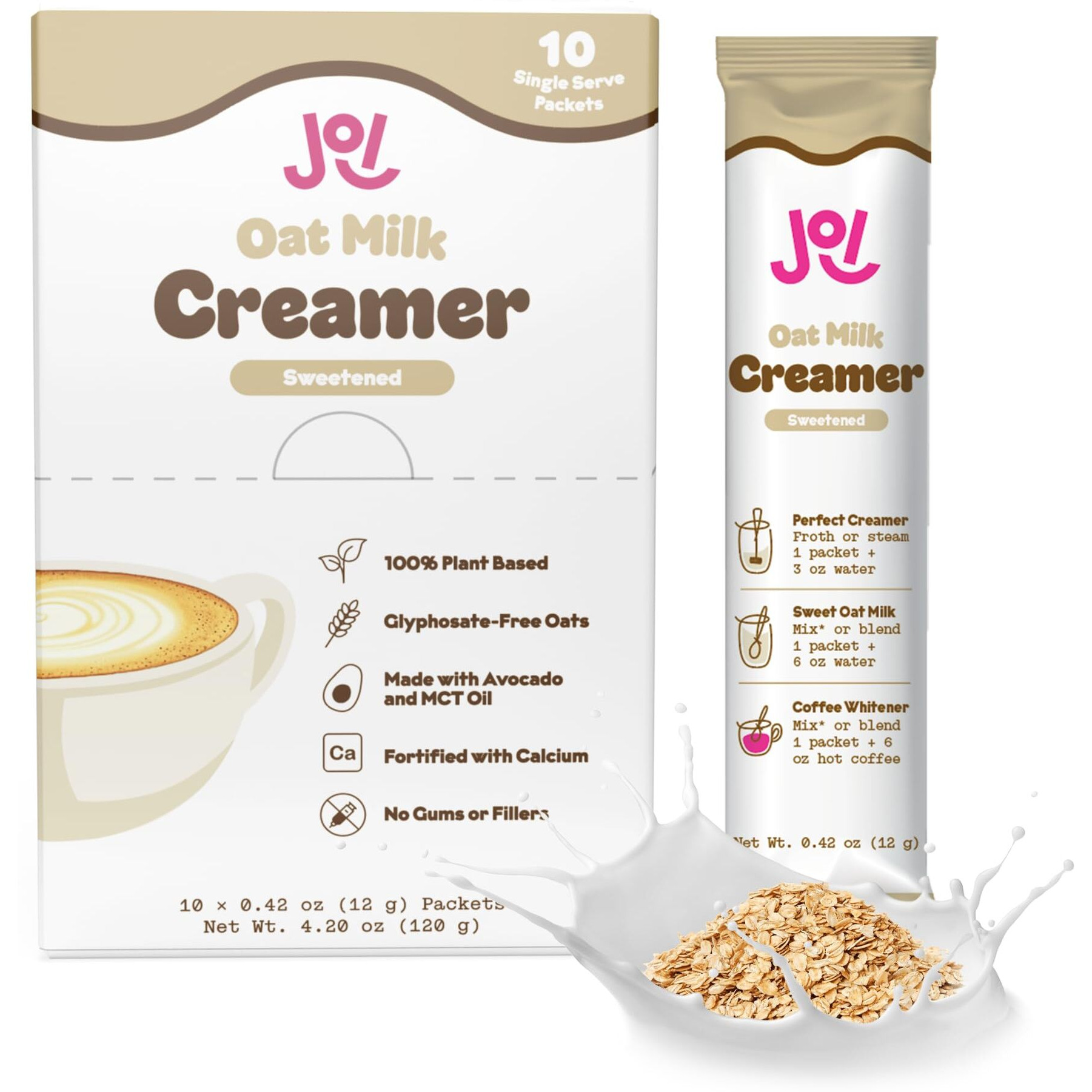 Oat Milk Coffee Creamer, Sweetened 10Ct Carton By Joi - Superfood, Vegan, Dairy Free, Plant Based, Kosher, Shelf-Stable, Barista, Fortified With Calcium. Use In Coffee Or Protein Shakes. Single Serve.