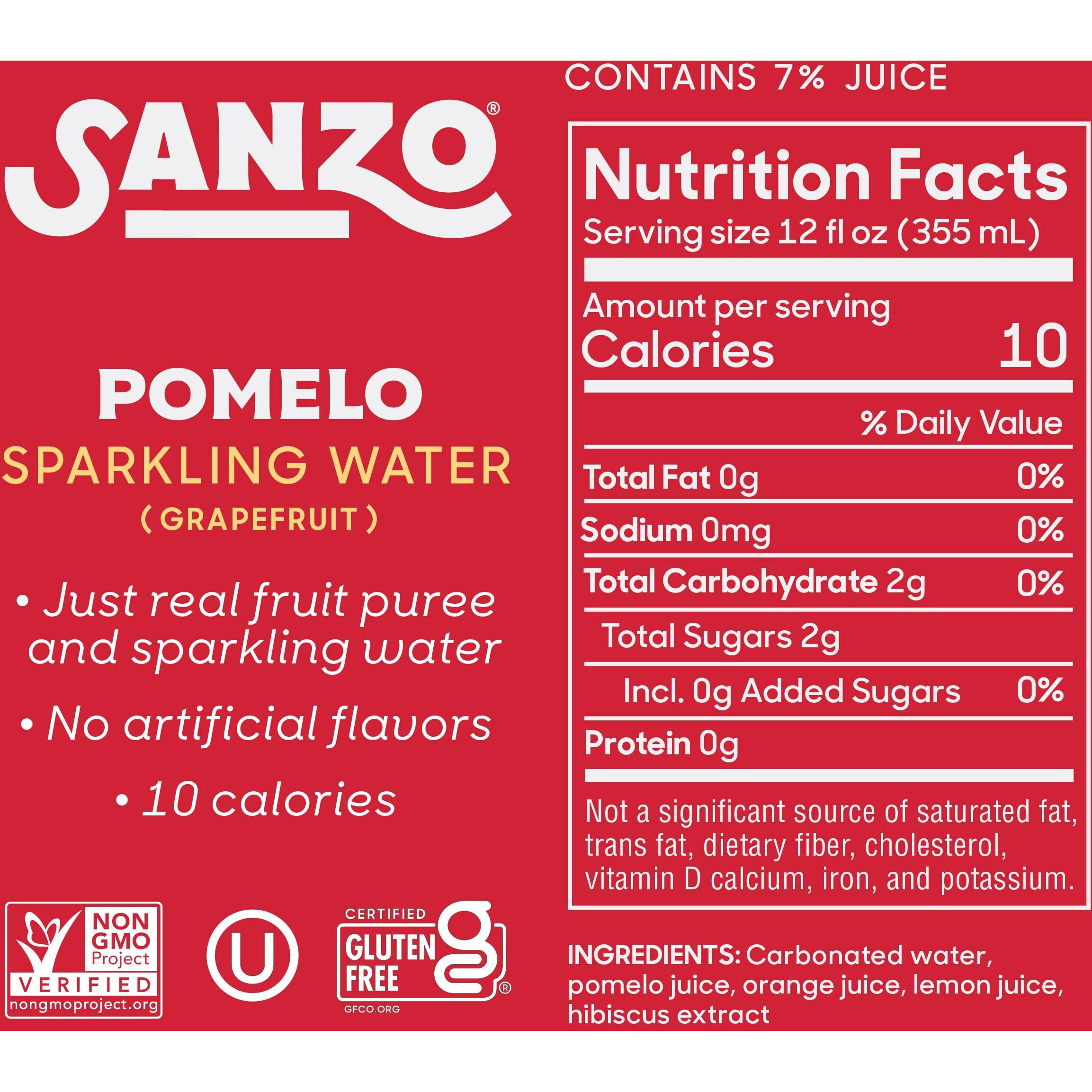 Sanzo Flavored Sparkling Water - Pomelo (Grapefruit) 12-Pack - Carbonated Drink Made With Real Fruit And No Added Sugar - Non-Gmo, Gluten-Free & Vegan - 12 Fl Oz Cans - Bright, Juicy, Zesty And Subtly Sweet.