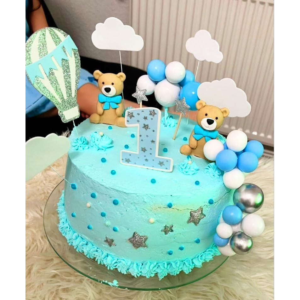 Laventy 17 Pcs Luxury Blue Teddy Bear Cake Decoration Baby Boy Baby Shower Birthday Party Supplies
