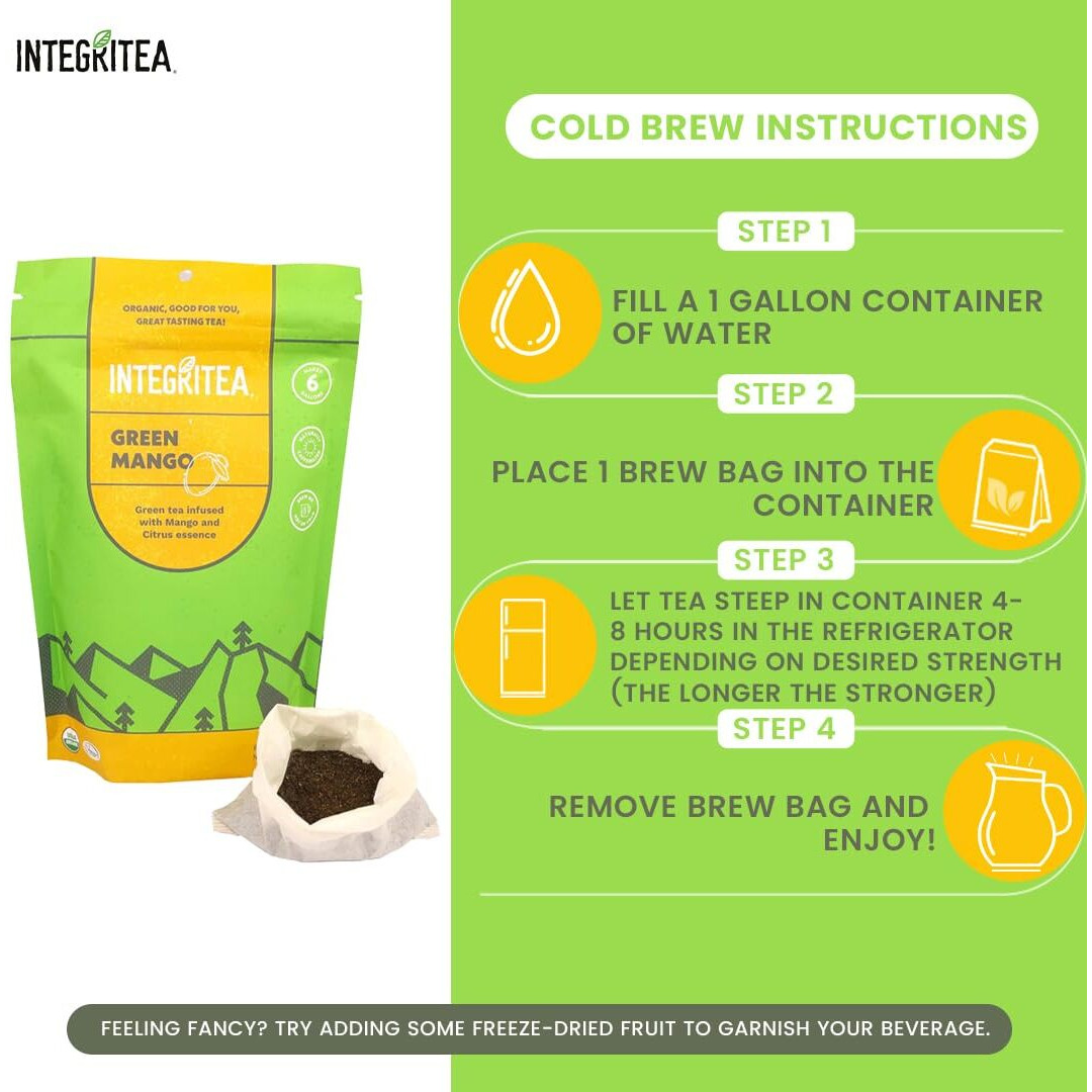 Integritea Green Mango Flavored Green Tea, 6 Organic Unsweetened Iced Tea Bags, 6 Gallons, Hot Or Cold Brew, Fairly & Sustainably Sourced