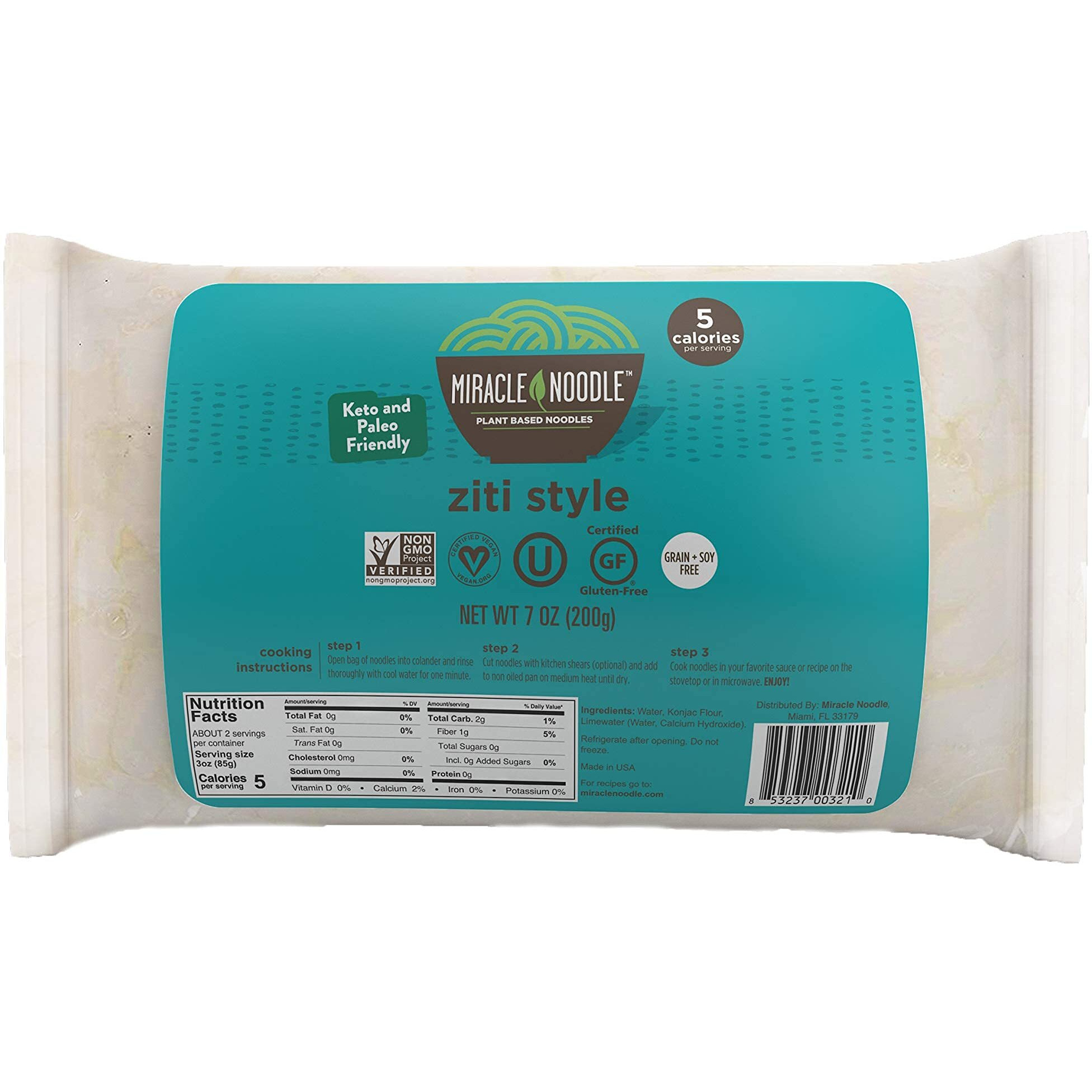 Miracle Noodle Ziti Shirataki Noodles, Low Carbs, Low Calorie, Gluten Free, Soy Free, Keto Friendly, 7 Oz (Pack Of 6)