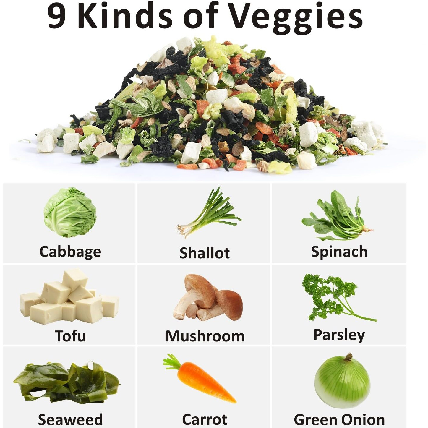 Yimi Miso Soup Ingredients Of 9 Freeze Dried Vegetables (Dehydrated Tofu, Seaweed, Green Onions, Spinach, Cabbage, Carrots, Mushrooms, Parsley, Shallot), Not Include Miso Paste, Flavorful Vegan Mix Food, 16 Oz