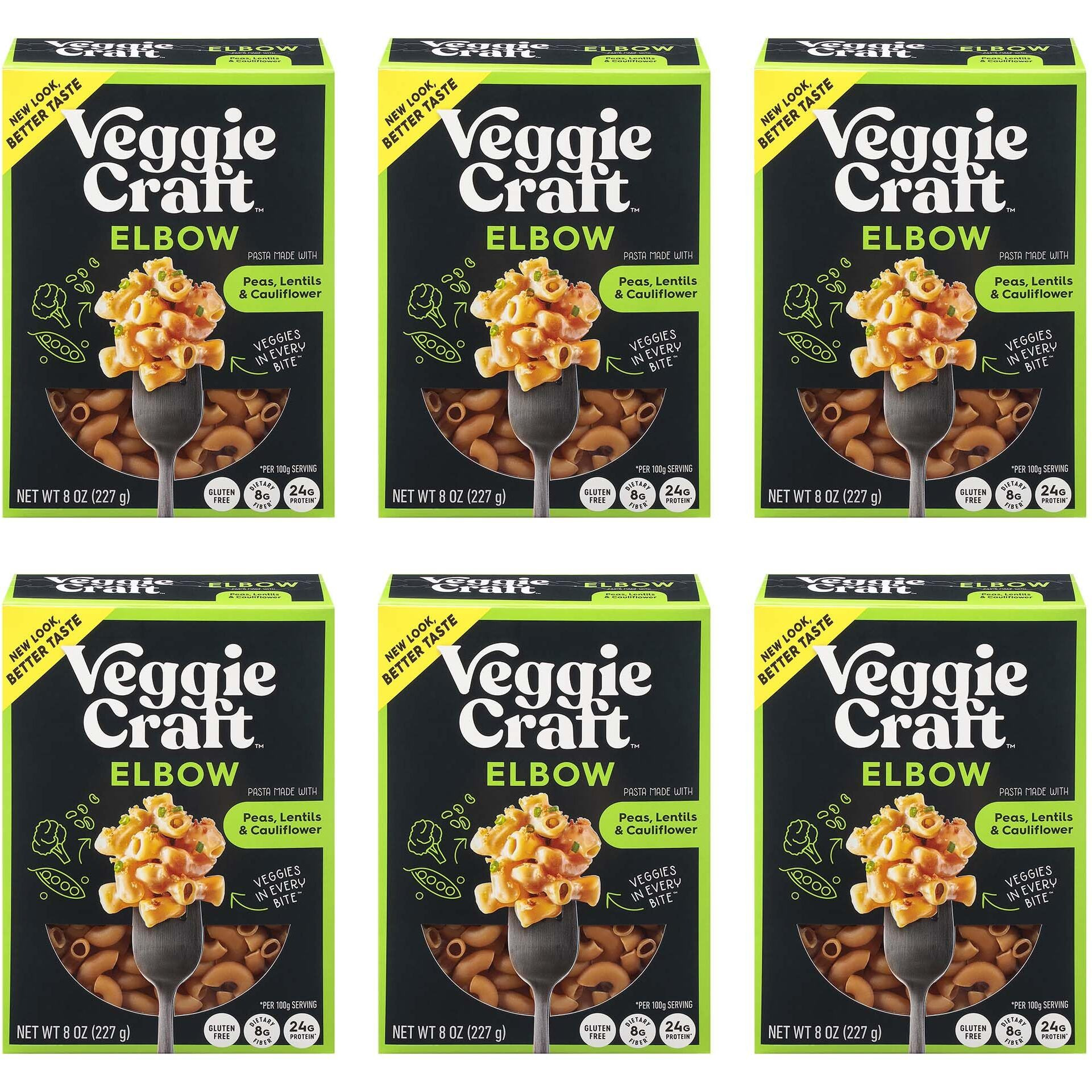 Veggiecraft Farms Elbow Pasta - New Improved Recipe - Protein Pasta, Cauliflower Pasta W/Lentils & Peas, Protein Noodles, Gluten-Free - 8 Oz (6 Pack)