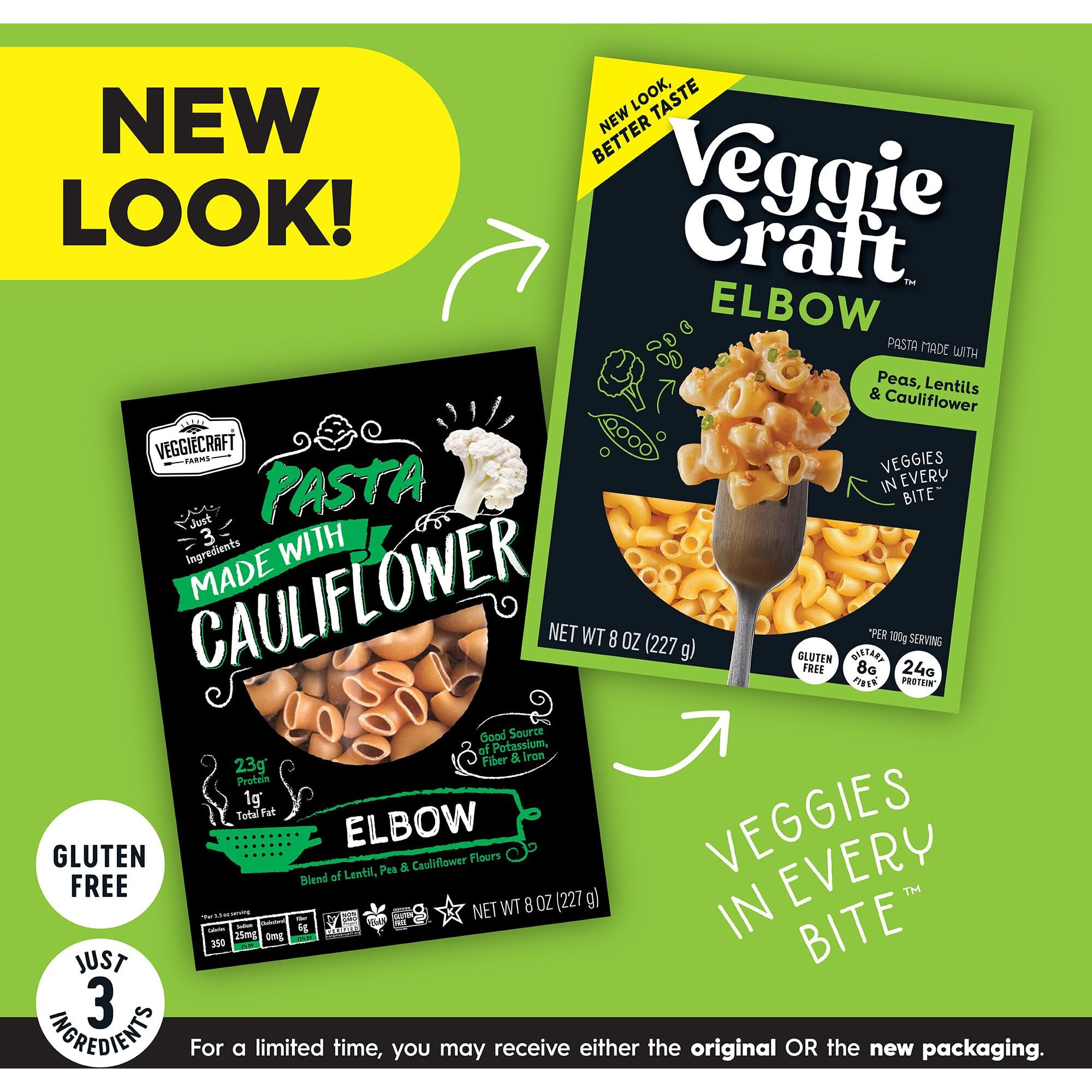 Veggiecraft Farms Elbow Pasta - New Improved Recipe - Protein Pasta, Cauliflower Pasta W/Lentils & Peas, Protein Noodles, Gluten-Free - 8 Oz (6 Pack)
