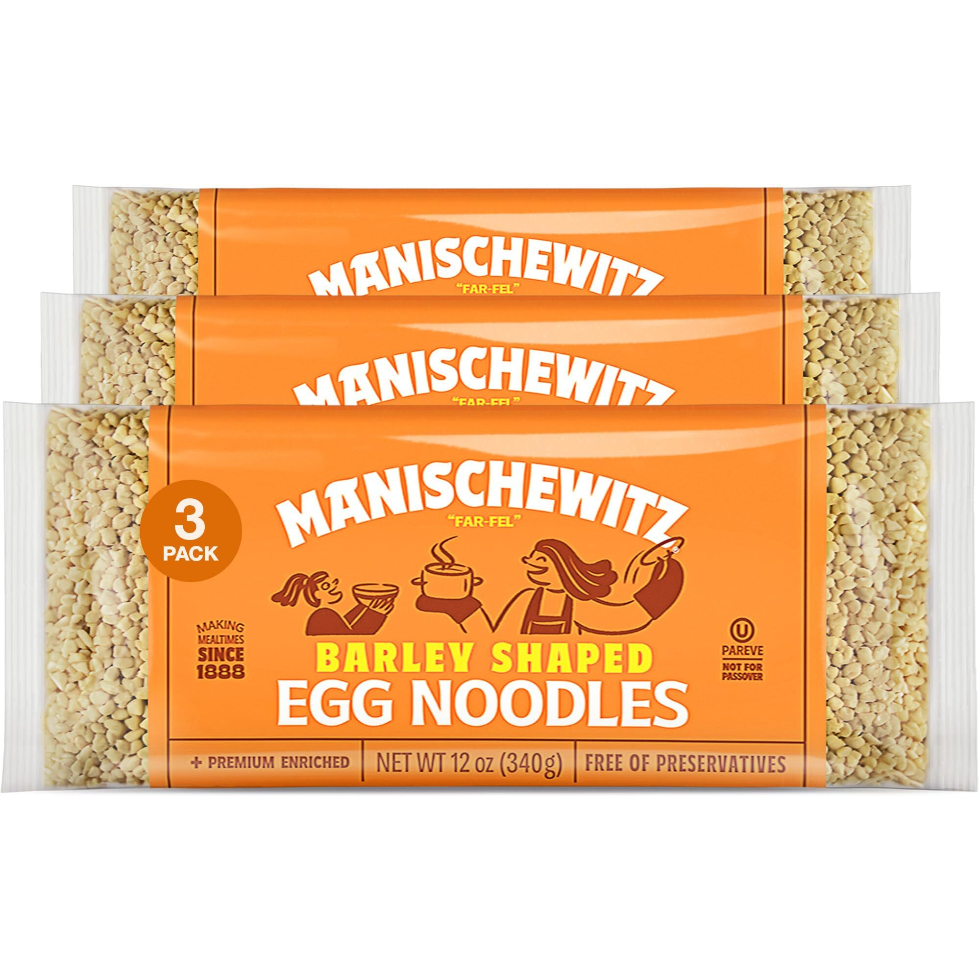 Manischewitz Barley Shaped Enriched Egg Noodles, 12 Oz (Pack Of 3) Makes A Great Homestyle Farfel, No Preservatives, Low Sodium