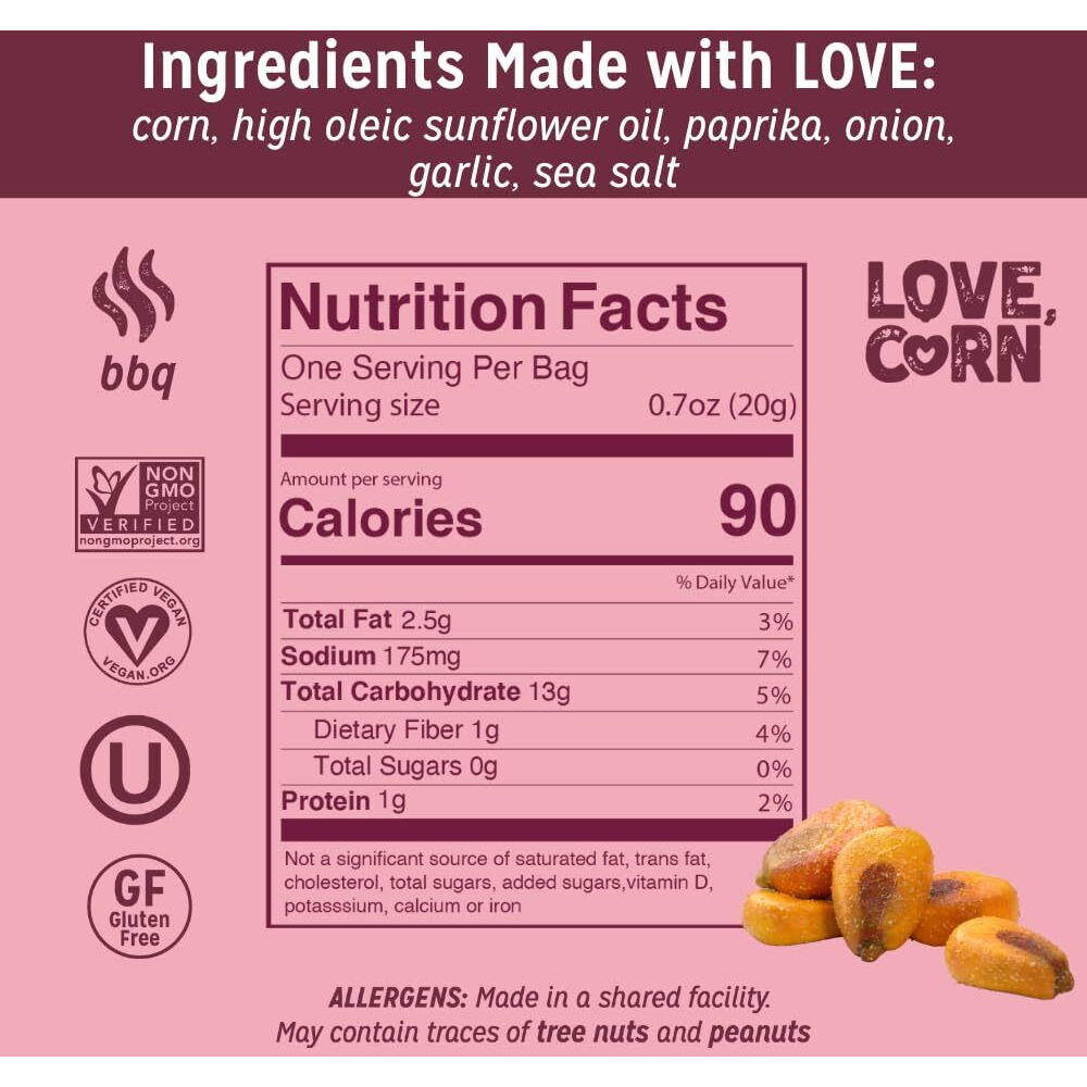 Love Corn Bbq 4Oz X 6 Bags - Delicious Crunchy Corn - Healthy Family Snacks - Gluten Free, Kosher, Non-Gmo - Alternative For Chips, Nuts, Crackers & Pretzels - Perfect For Charcuterie Boards