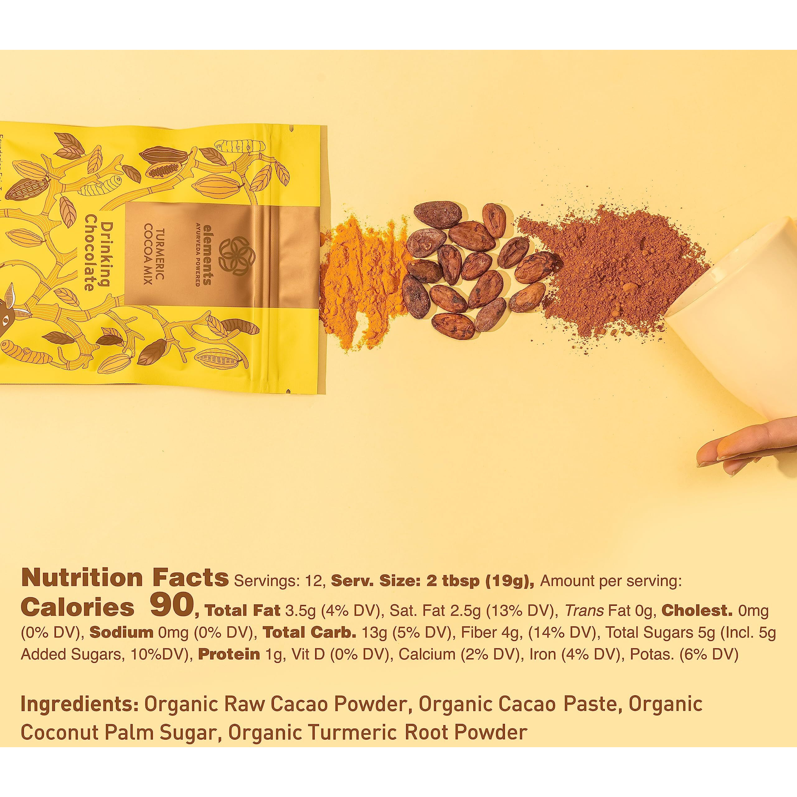 Elements Truffles Turmeric Dark Hot Chocolate -Heavy Metal Tested- All-Natural, Handmade, Dark Hot Chocolate Mix - Uses Ecuadorian, Fair Trade, Organic Cacao Powder - Vegan Hot Cocoa Mix - 8 Oz