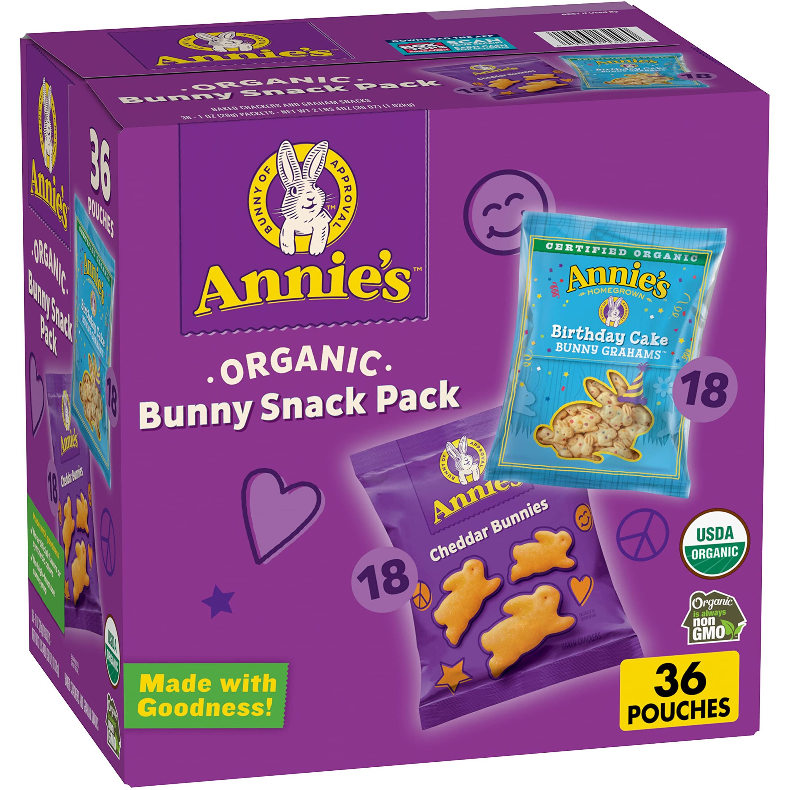 Annie's Organic Birthday Cake Bunny Grahams And Cheddar Bunnies Snack Pack 36 Count, Kids Snacks, 36 Oz