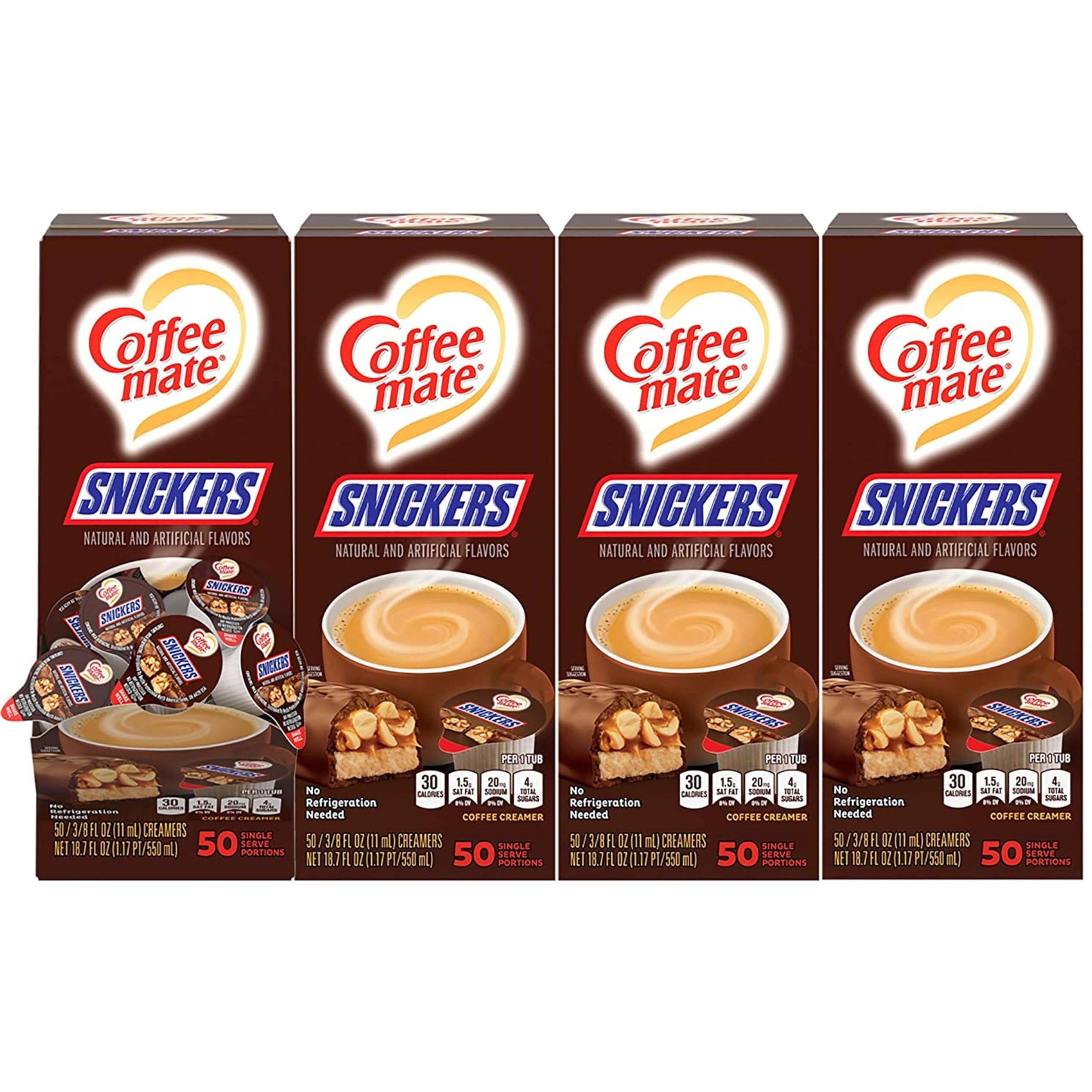 Nestle Coffee Mate Coffee Creamer, Snickers, Liquid Creamer Singles, Non Dairy, No Refrigeration, 0.375 Fl Oz Tubs (Pack Of 200)