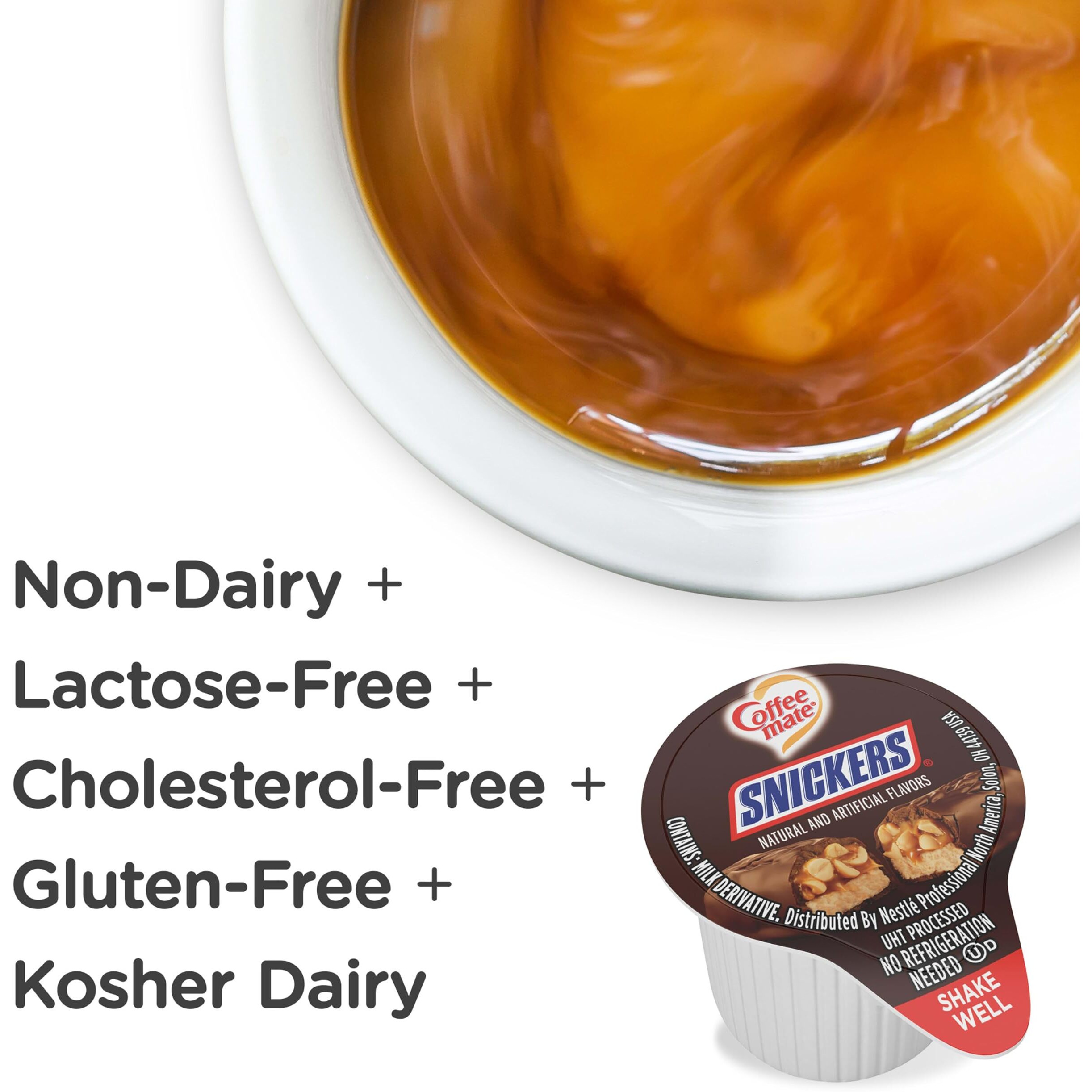 Nestle Coffee Mate Coffee Creamer, Snickers, Liquid Creamer Singles, Non Dairy, No Refrigeration, 0.375 Fl Oz Tubs (Pack Of 200)