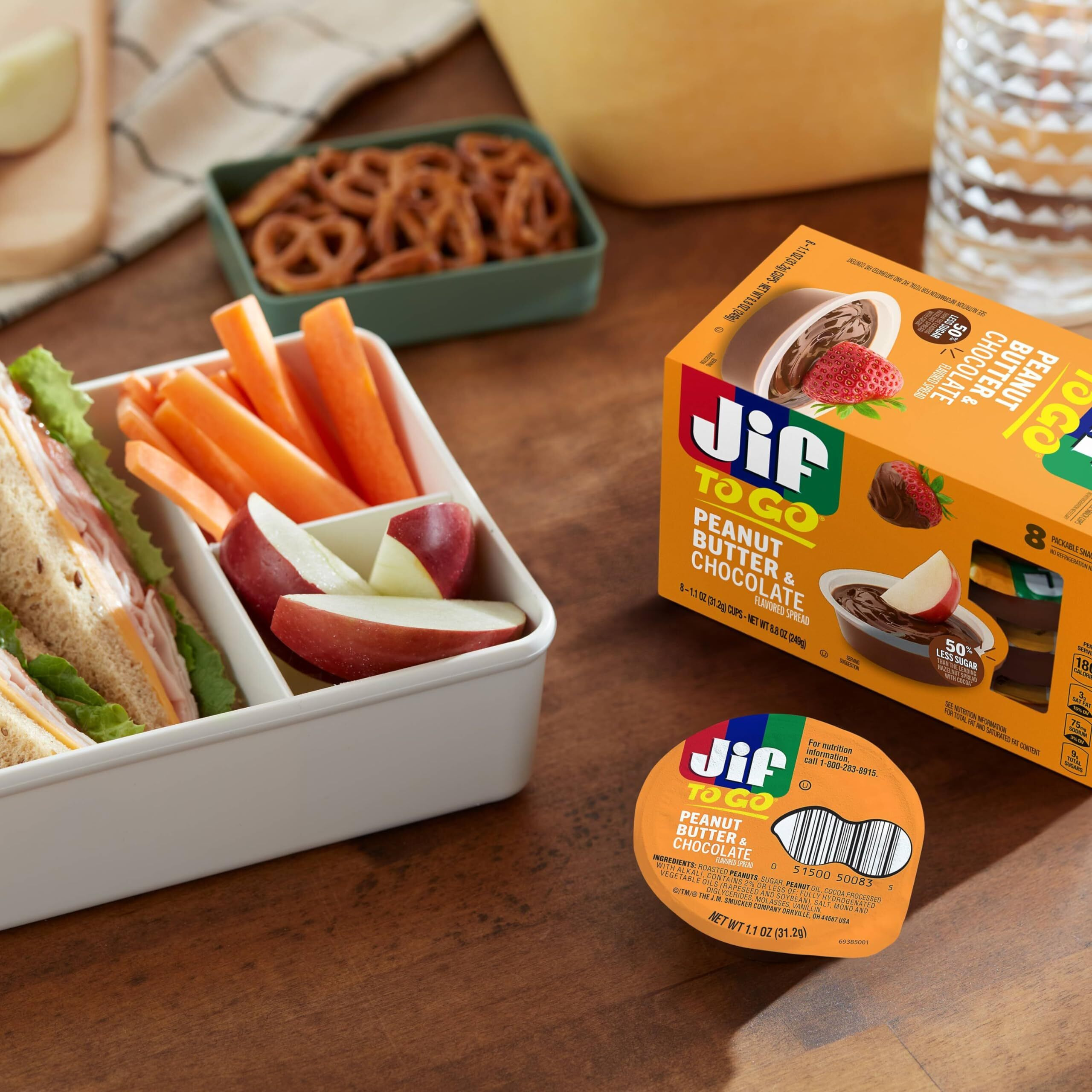 Jif Peanut Butter & Chocolate To Go, 8 Count Cups (Pack Of 6), Less Sugar, Thick & Creamy Texture
