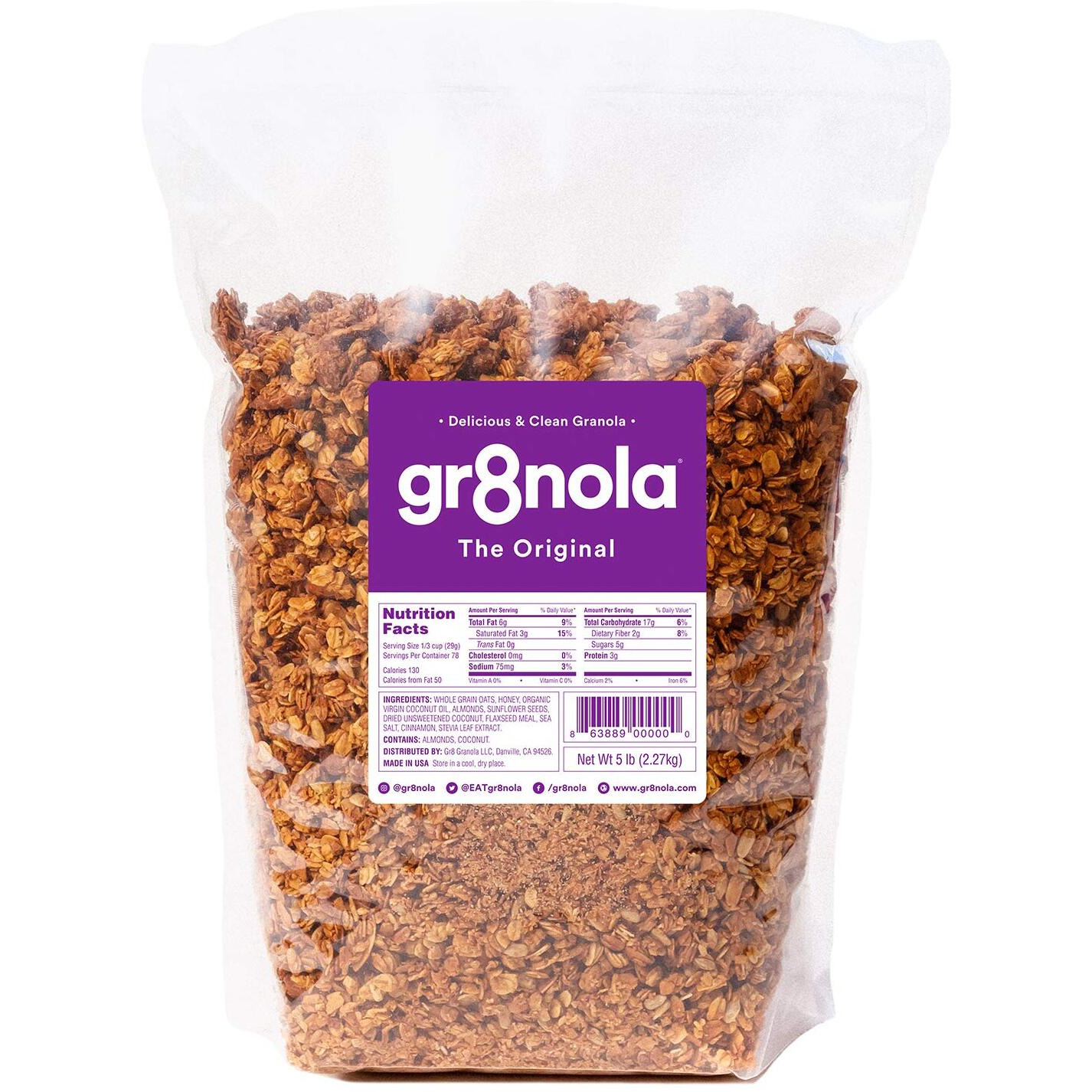 Gr8Nola The Original - Healthy, Low Sugar Bulk Granola Cereal - Made With Superfoods, Whole Almonds, Honey, Cinnamon And Flaxseed, Soy Free, Dairy Free And No Refined Sugar - 4.5Lb Resealable Bag